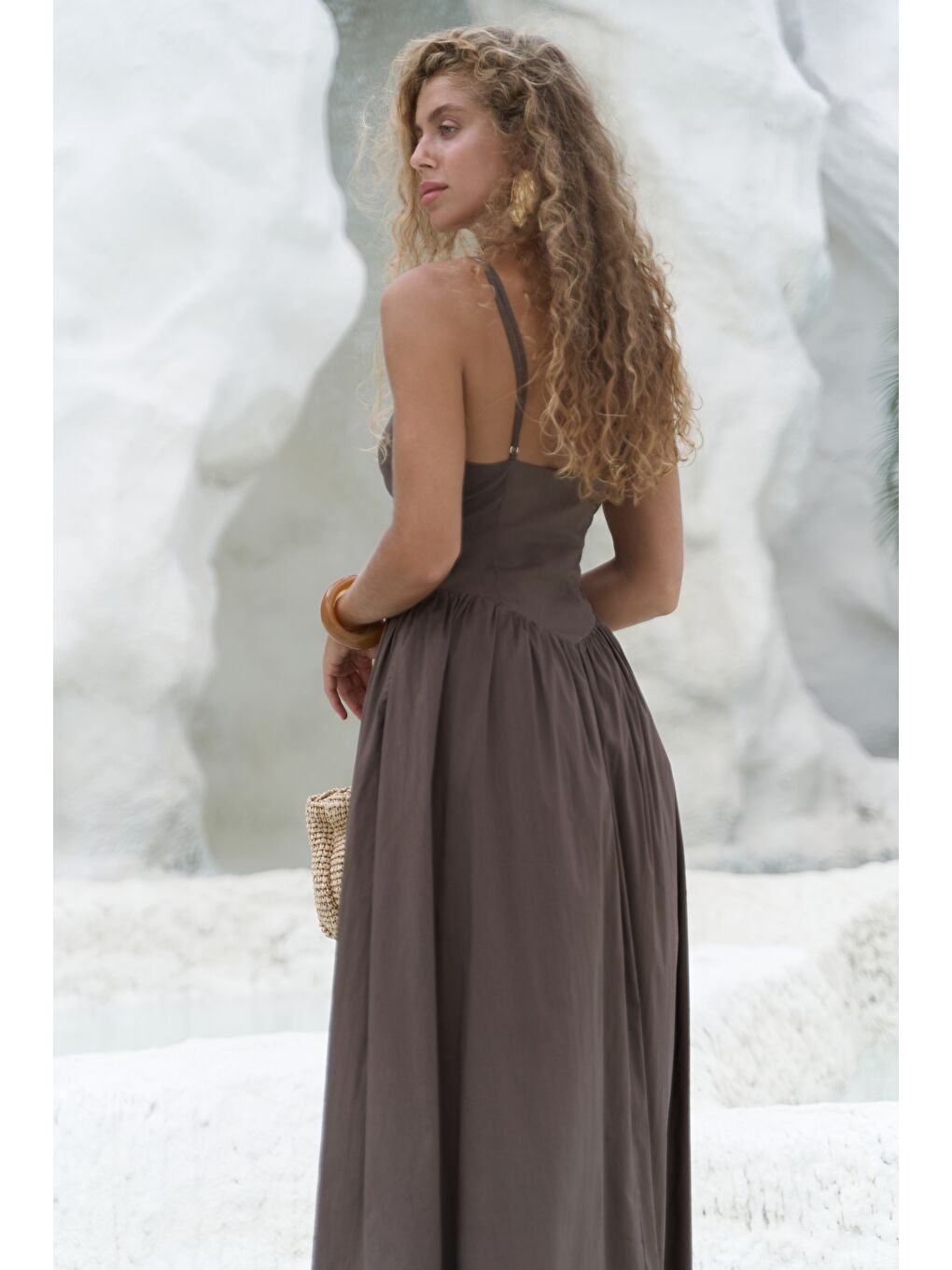 Kahverengi Hajar Askılı Kahve Uzun Elbise-2