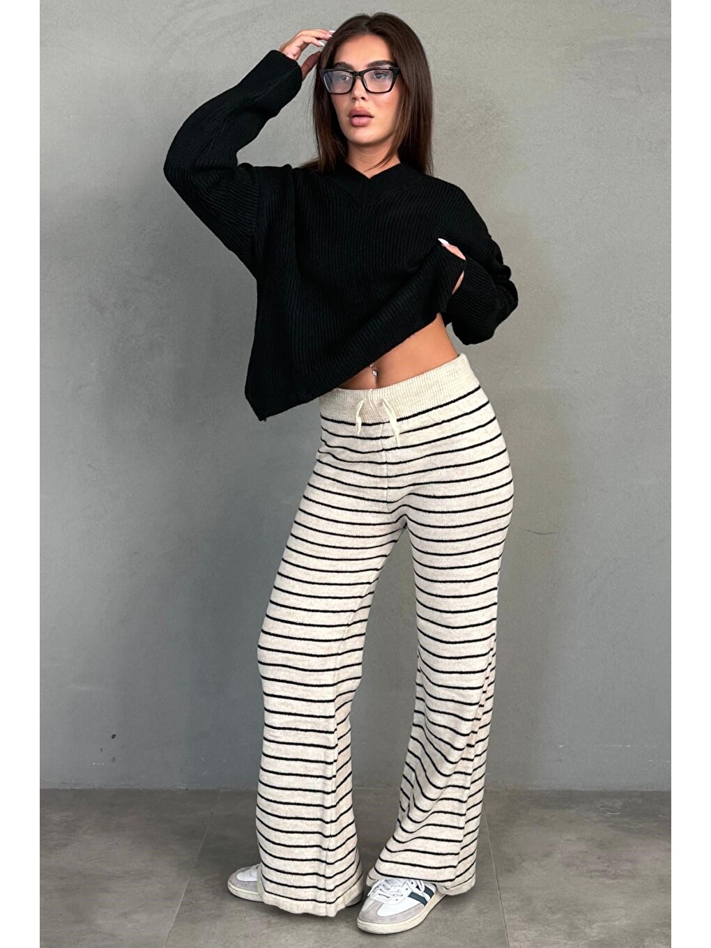 Ekru Çizgili Triko Kadın Pantolon Mg2609-1