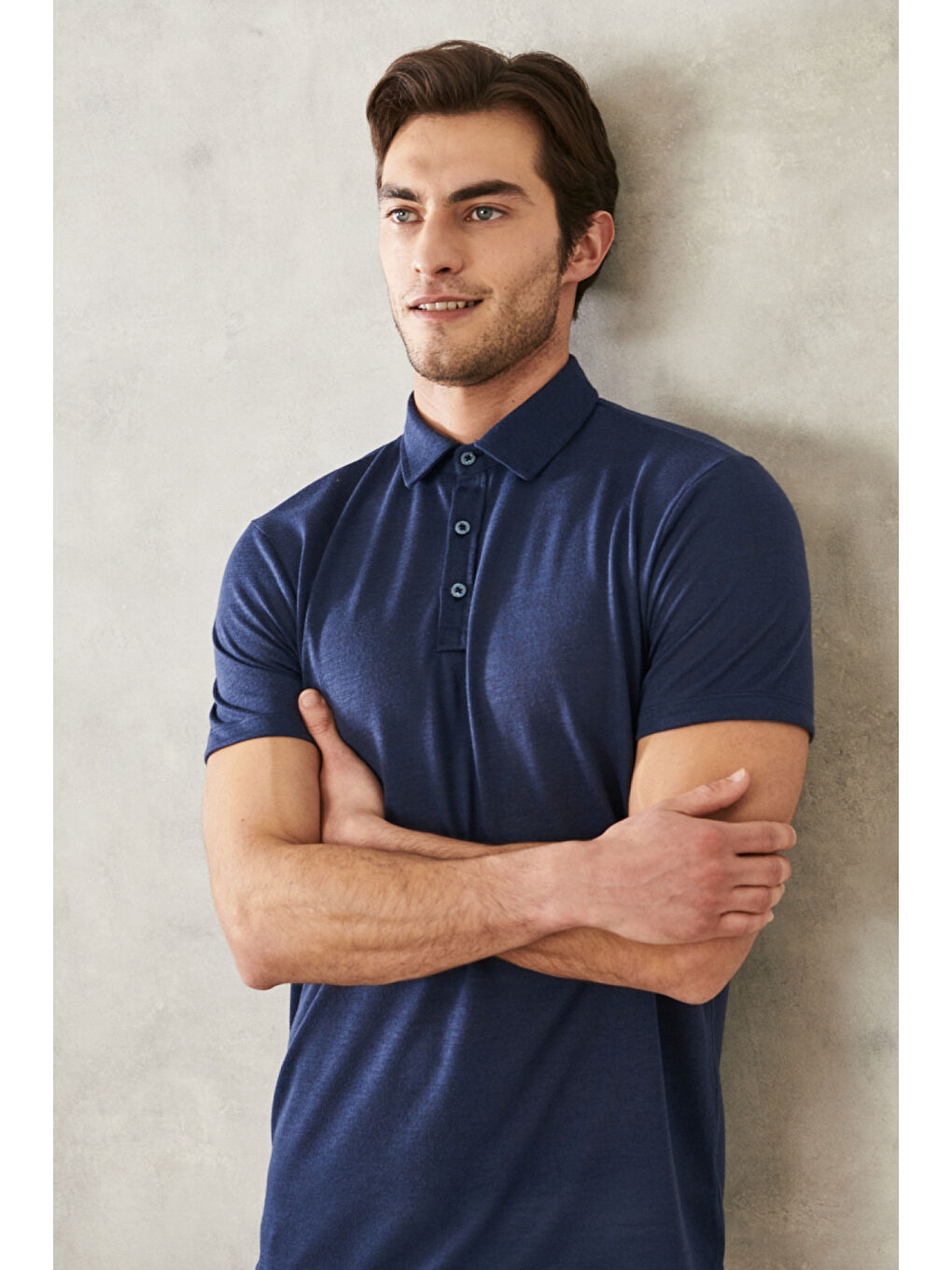 Erkek Lacivert Slim Fit Dar Kesim Polo Yaka Düz Casual Tişört