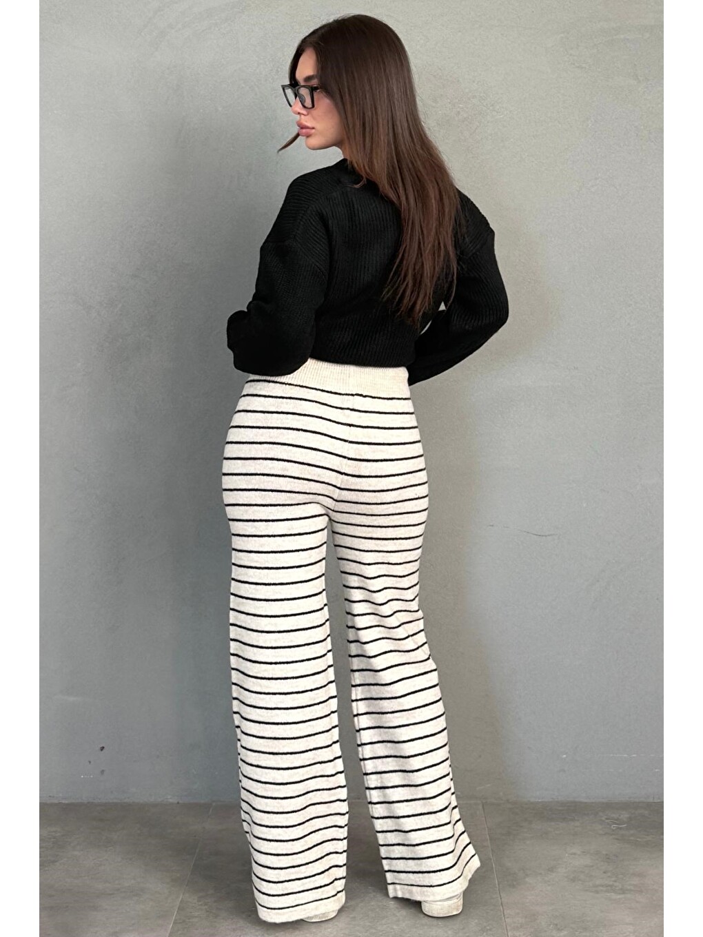 Ekru Çizgili Triko Kadın Pantolon Mg2609-2