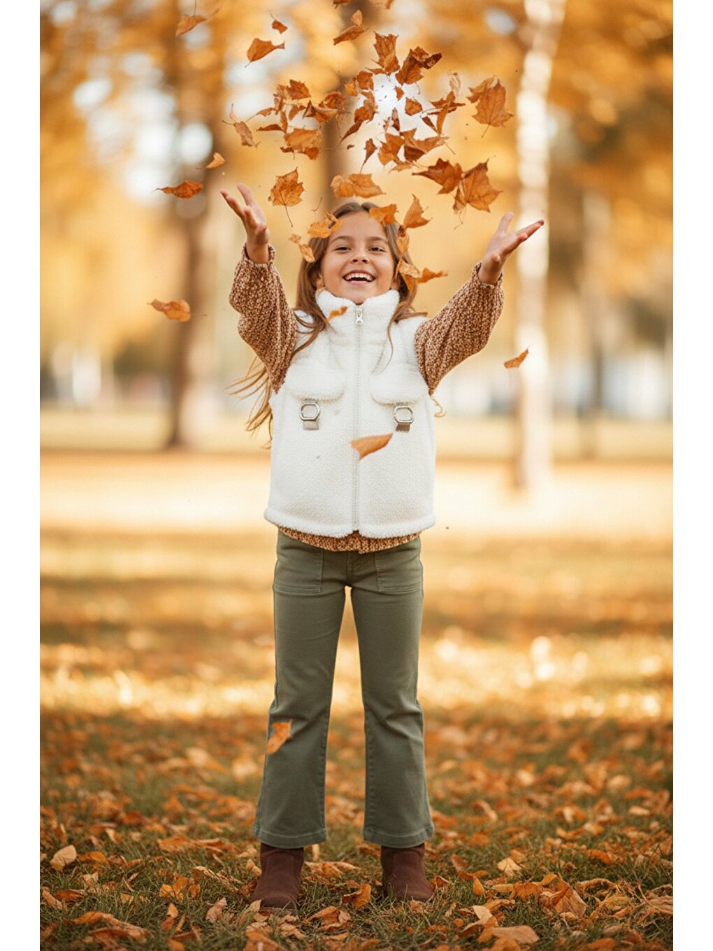 Ekru Cepli Kemer Detaylı Dik Yaka Kız Çocuk Pelüş Yelek-1