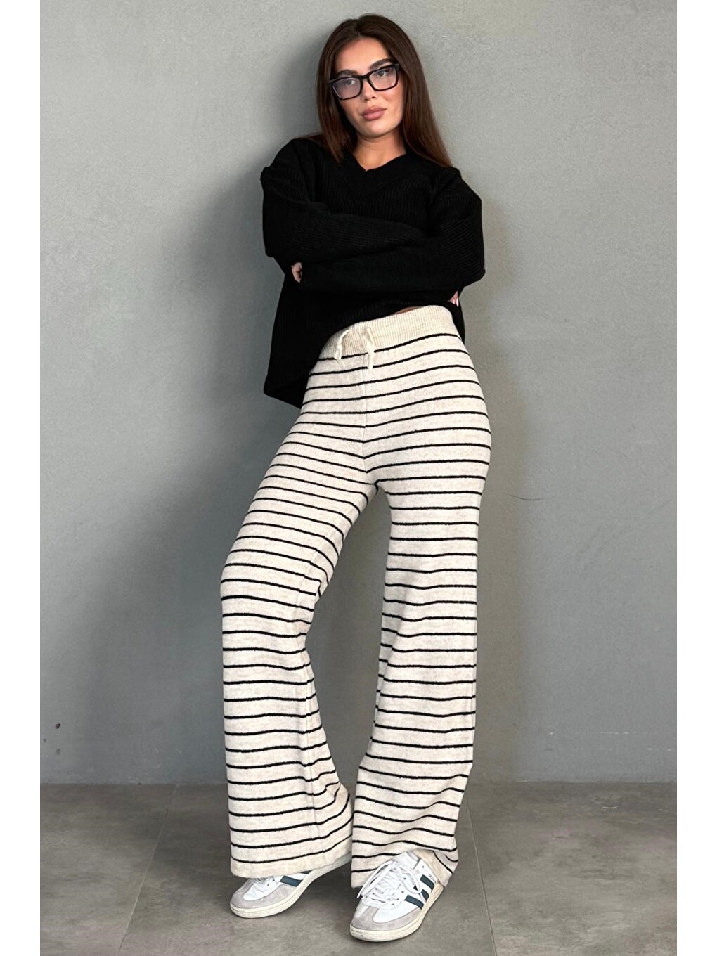 Ekru Çizgili Triko Kadın Pantolon Mg2609-3