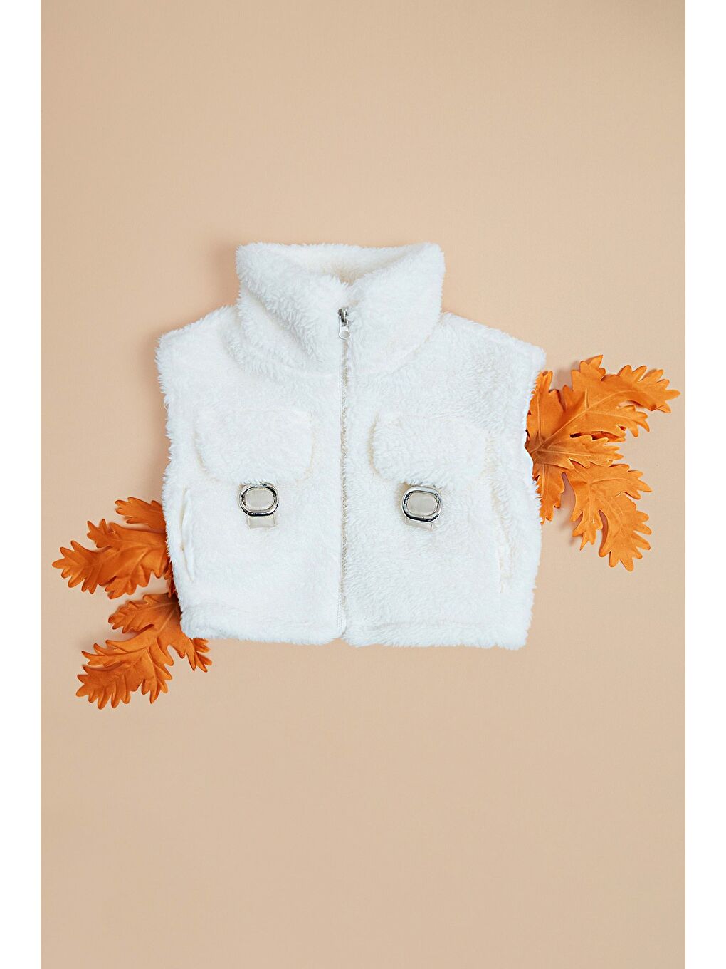 Ekru Cepli Kemer Detaylı Dik Yaka Kız Çocuk Pelüş Yelek-2