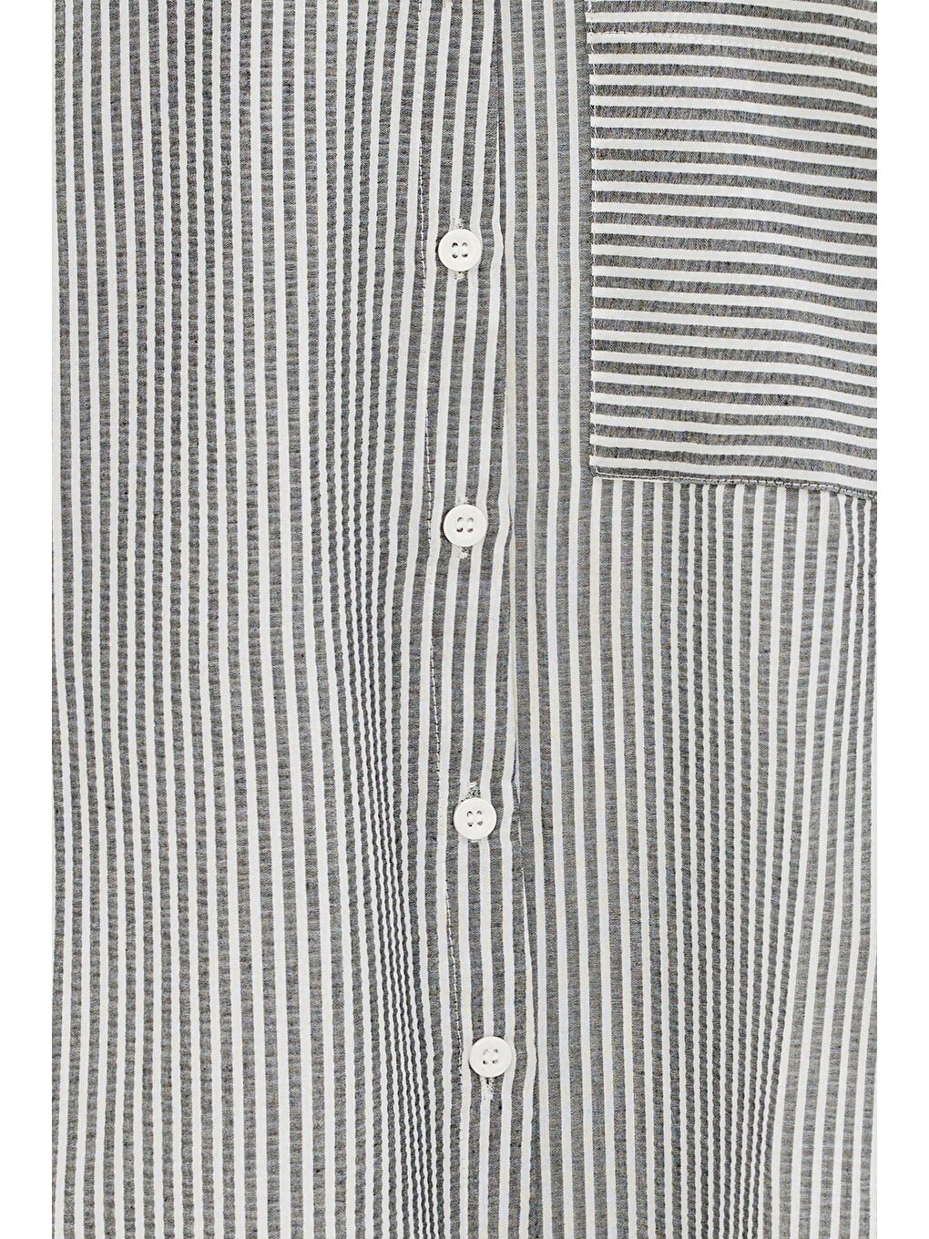 Siyah Kadın Çizgili Dokulu Regular Basic Gömlek - Tek Cepli-3