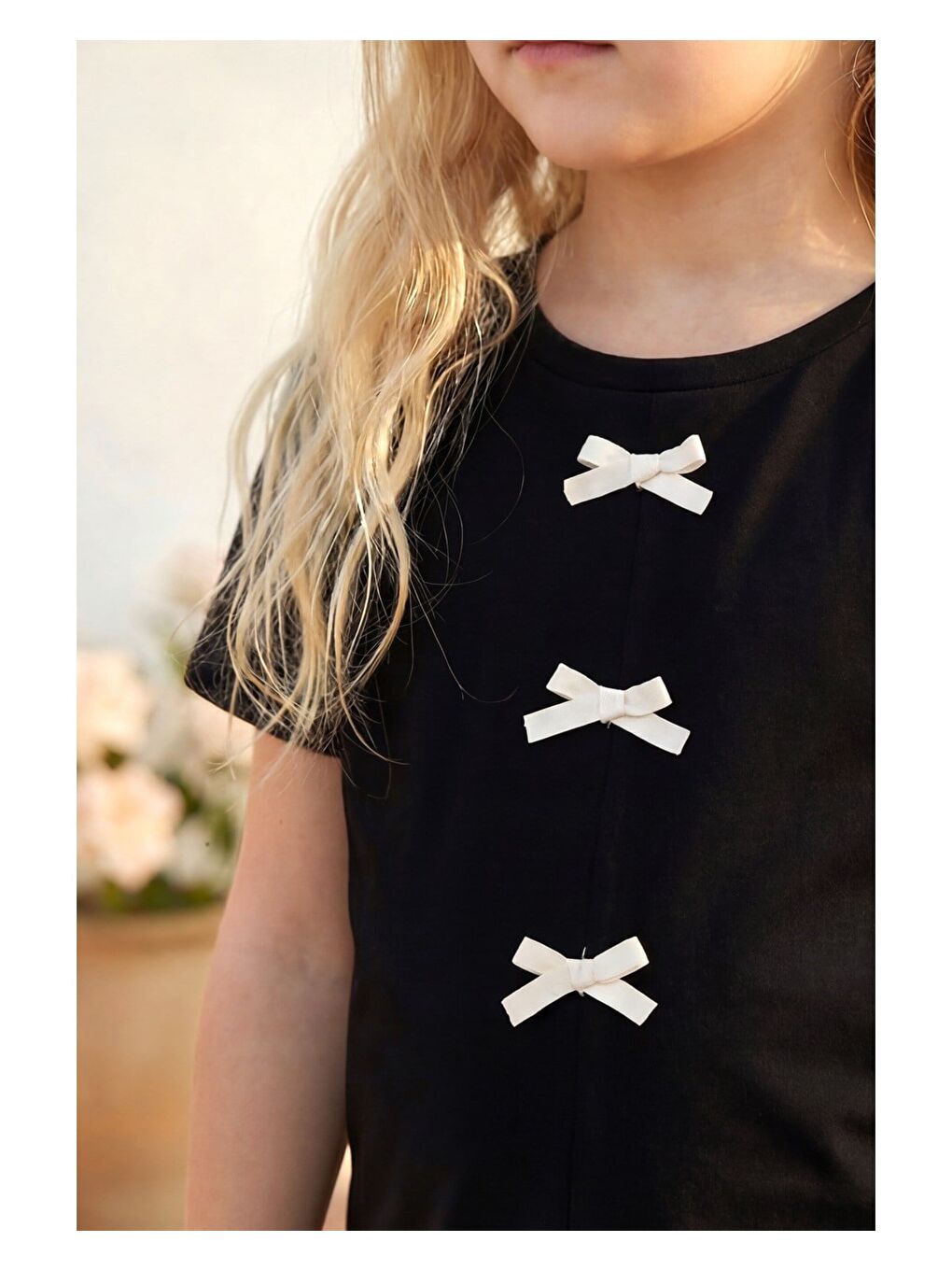 Kız Çocuk Pamuklu Siyah Fiyonk Detaylı Tişört Pantolon Takım-3