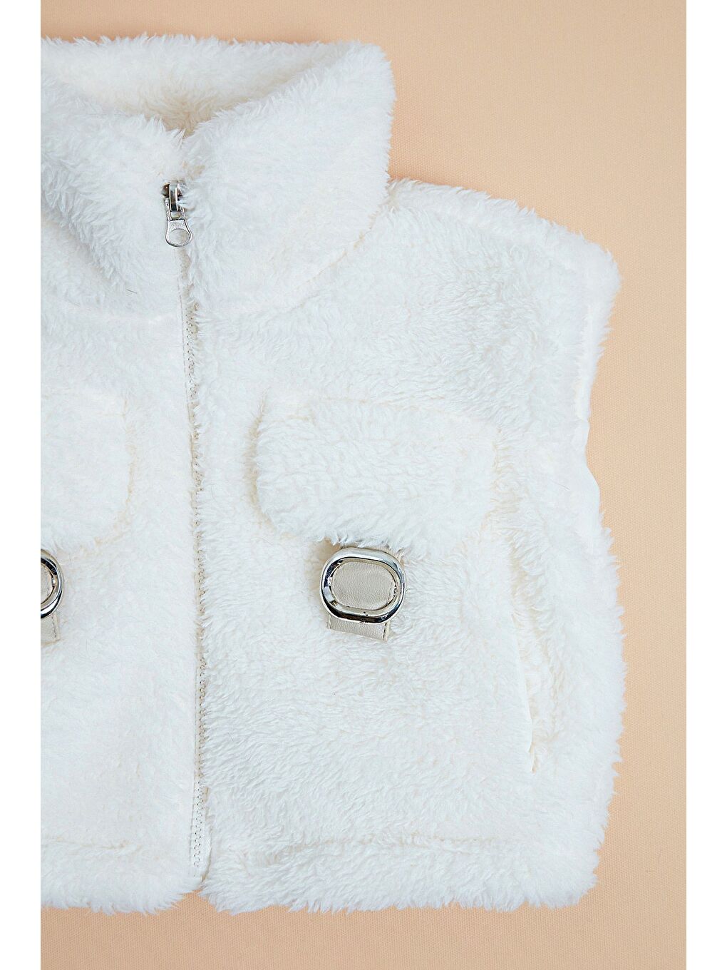 Ekru Cepli Kemer Detaylı Dik Yaka Kız Çocuk Pelüş Yelek-3