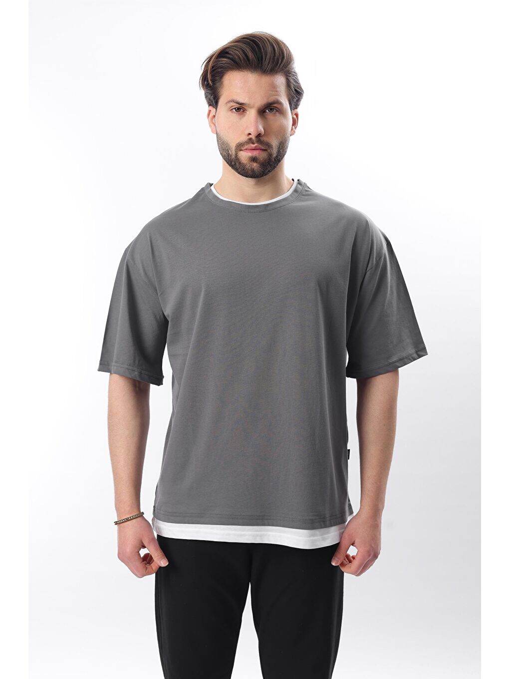 Gri Oversize Füme Erkek Tişört 4978