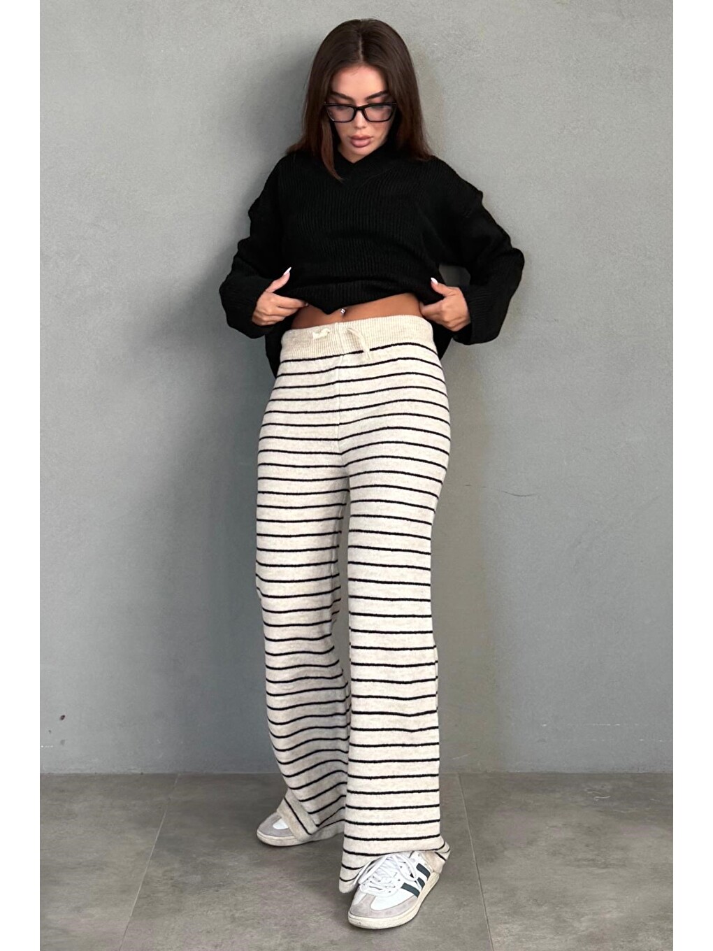 Ekru Çizgili Triko Kadın Pantolon Mg2609-4