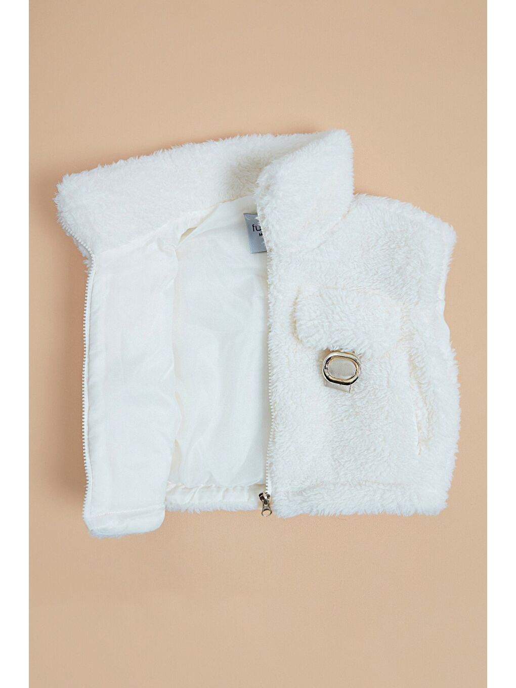 Ekru Cepli Kemer Detaylı Dik Yaka Kız Çocuk Pelüş Yelek-4