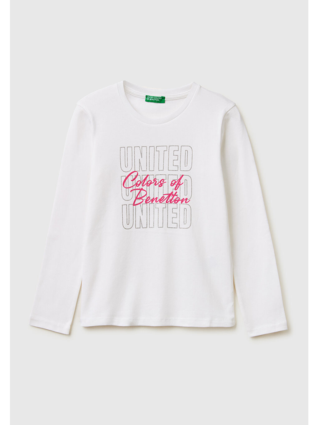 Kız Çocuk Beyaz Simli Logo Detaylı Bisiklet Yaka Uzun Kollu T-Shirt