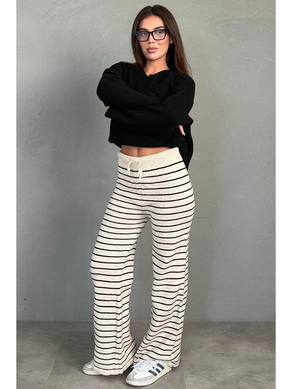 Ekru Çizgili Triko Kadın Pantolon Mg2609-5