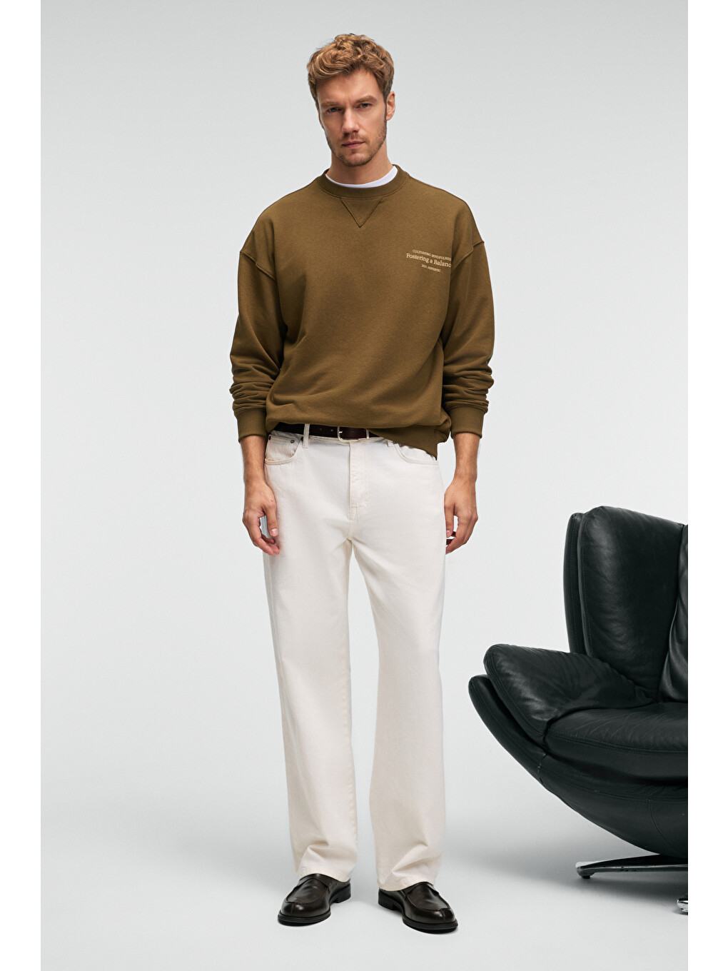Caspıan Erkek %100 Pamuk Bisiklet Yaka Karyoka Dikişli Baskılı Haki Sweatshirt-1