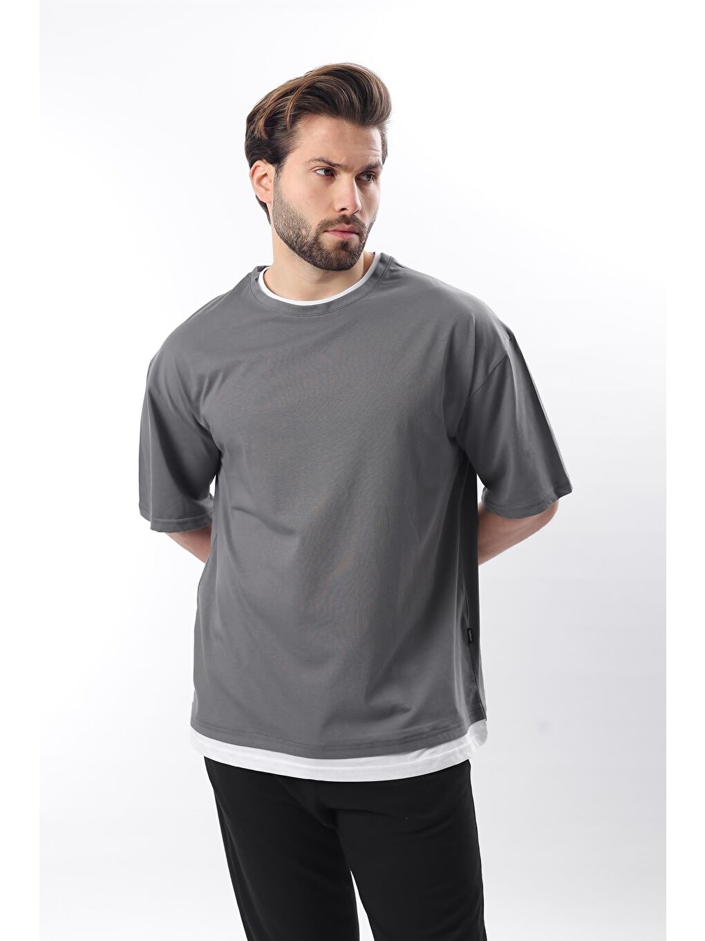 Gri Oversize Füme Erkek Tişört 4978-1