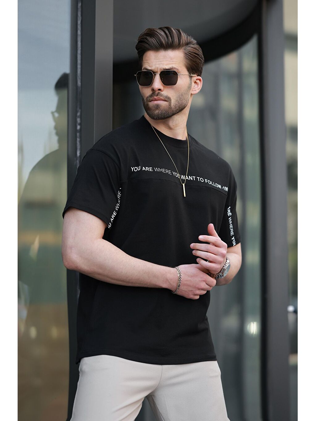 Siyah Bisiklet Yaka Baskılı Basic %100 Pamuk Tişört E7156-1