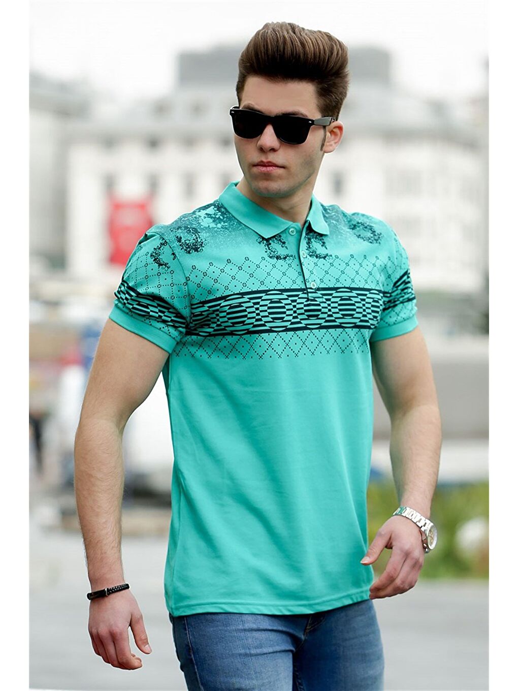 Yeşil Baskılı Polo %100 Pamuk Tişört 3057