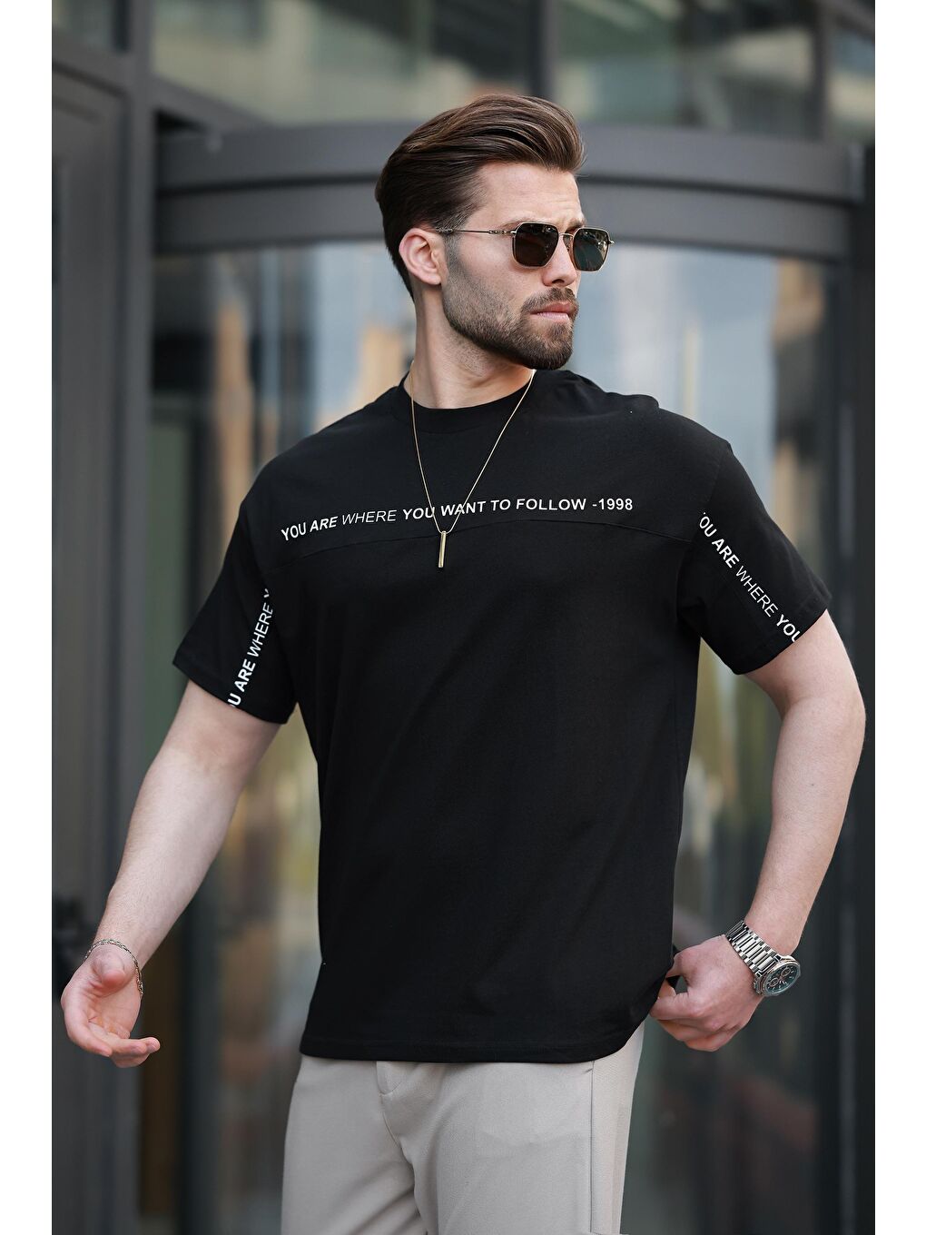 Siyah Bisiklet Yaka Baskılı Basic %100 Pamuk Tişört E7156-2