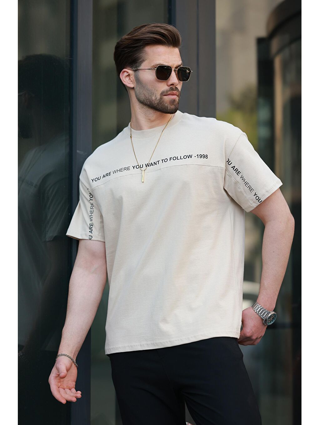 Bej Bisiklet Yaka Baskılı Basic %100 Pamuk Tişört E7156-1