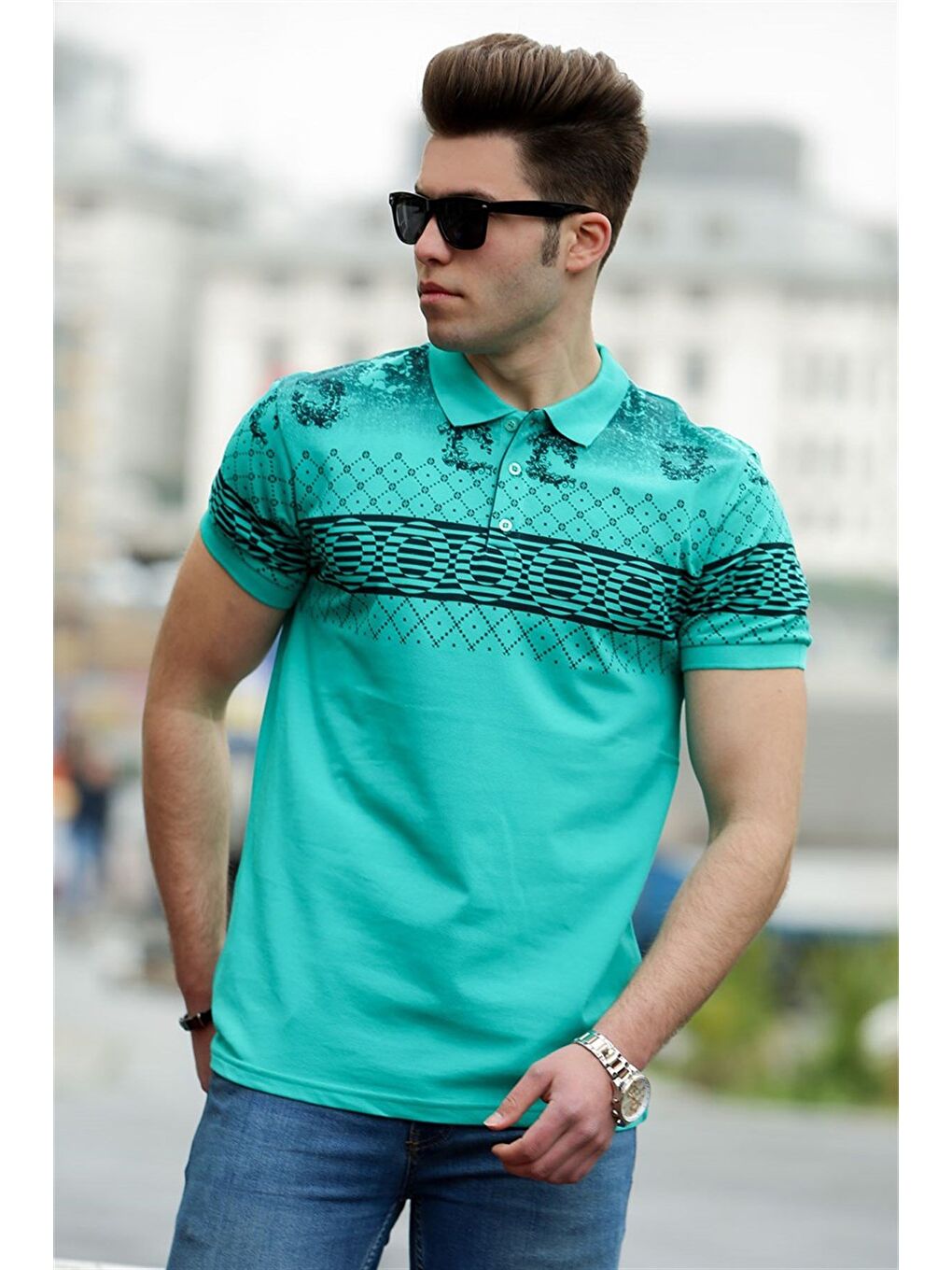 Yeşil Baskılı Polo %100 Pamuk Tişört 3057-1