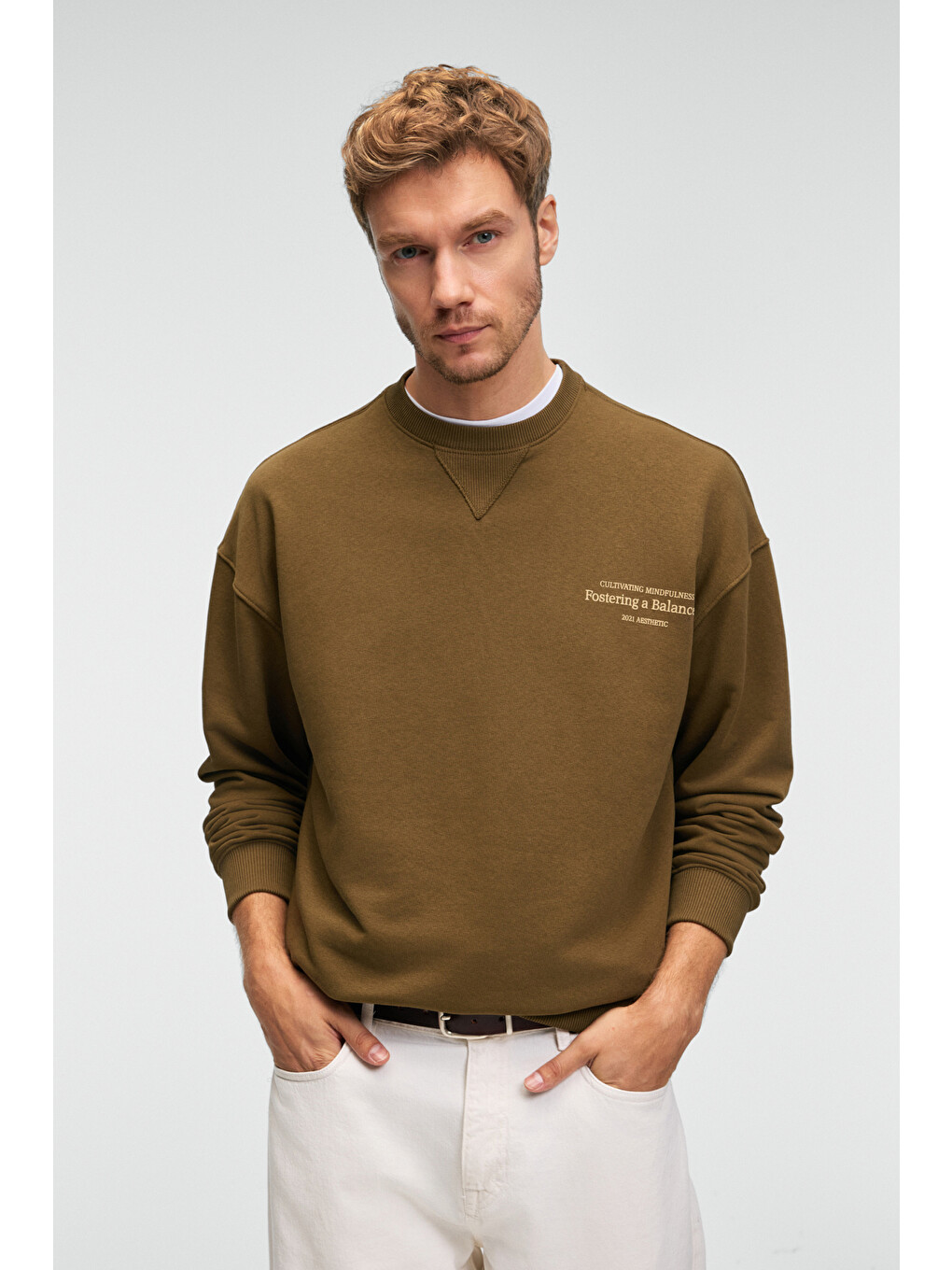 Caspıan Erkek %100 Pamuk Bisiklet Yaka Karyoka Dikişli Baskılı Haki Sweatshirt-2