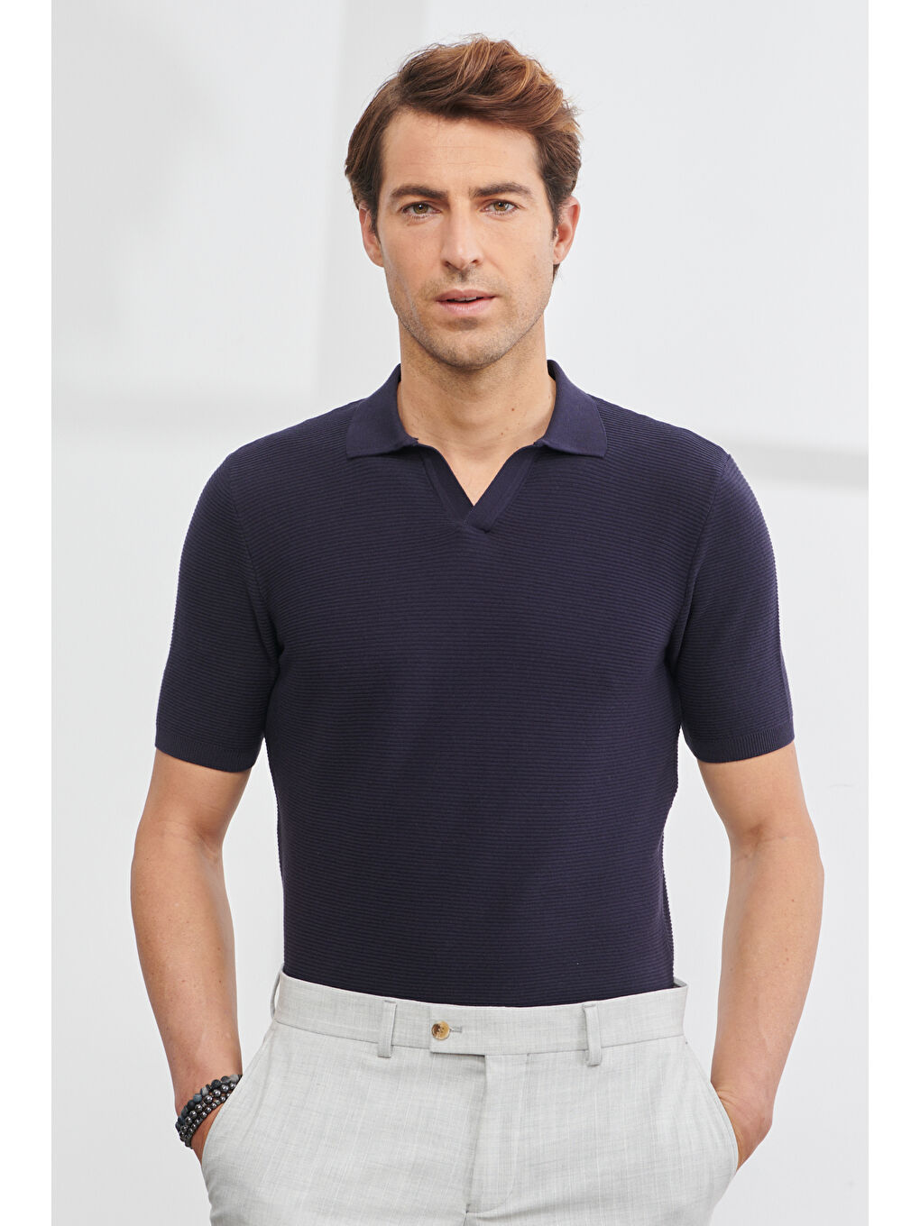 Erkek Lacivert Standart Fit Normal Kesim Polo Yaka Kısa Kollu Triko