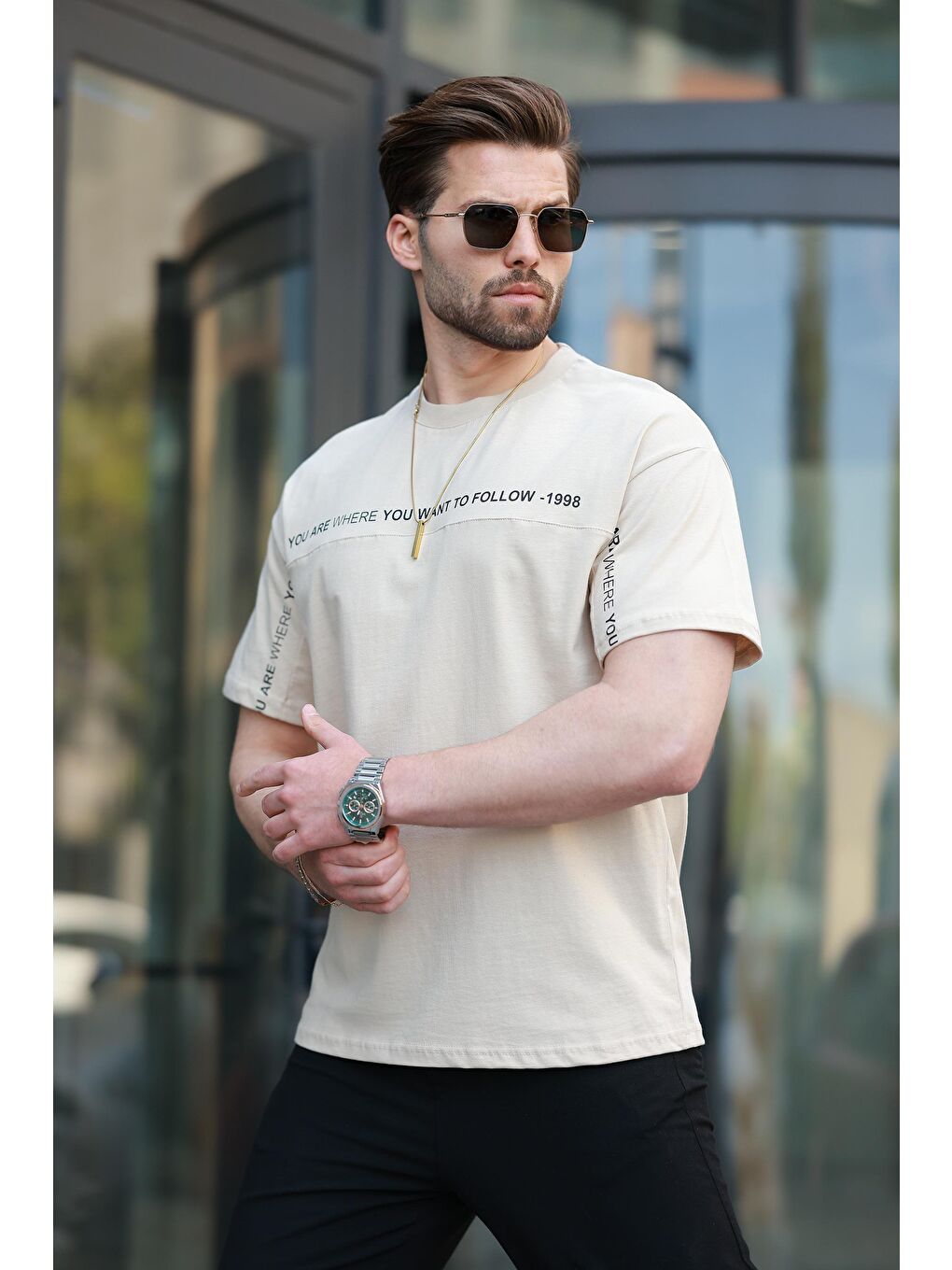 Bej Bisiklet Yaka Baskılı Basic %100 Pamuk Tişört E7156-2