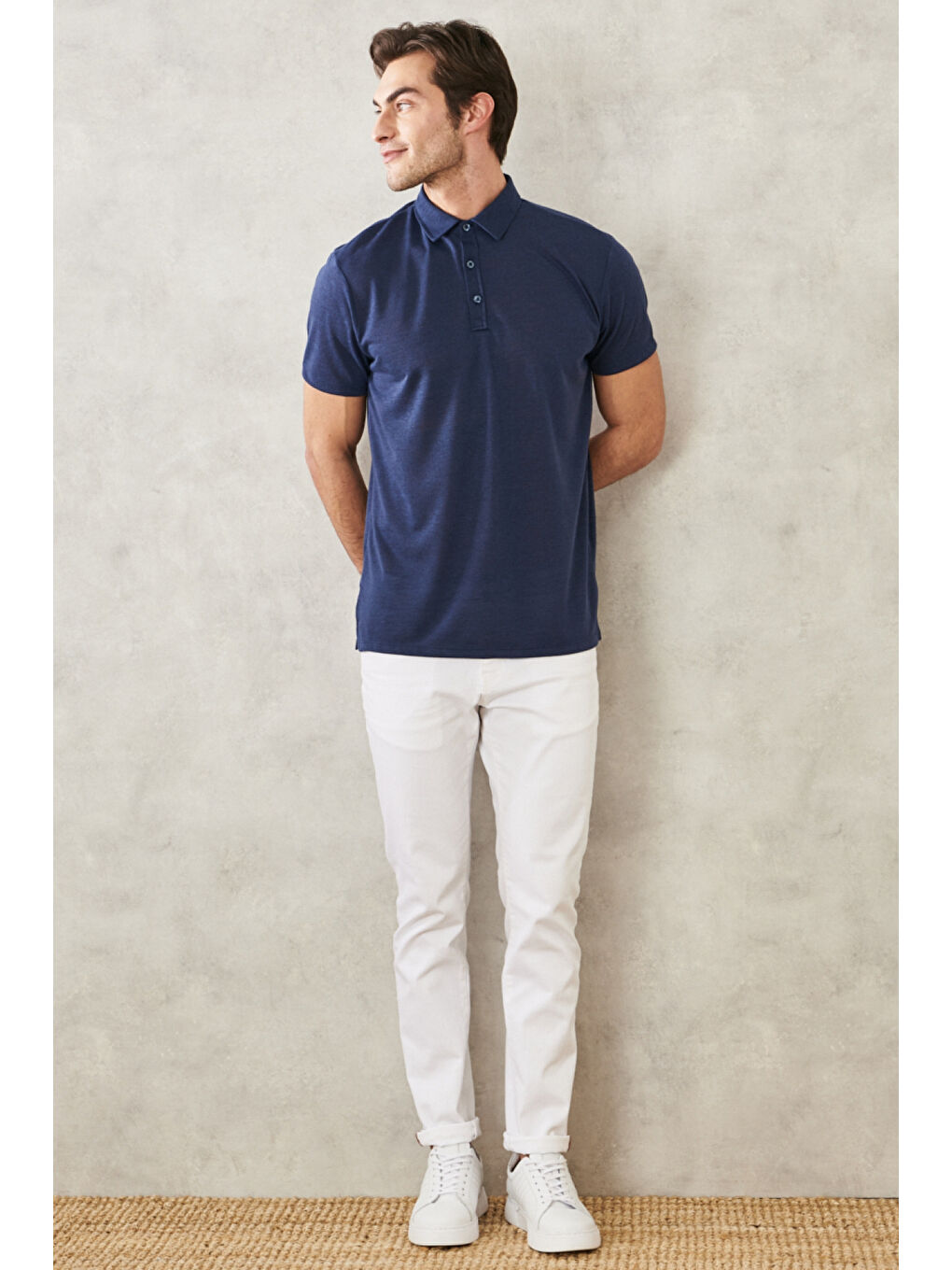 Erkek Lacivert Slim Fit Dar Kesim Polo Yaka Düz Casual Tişört-1