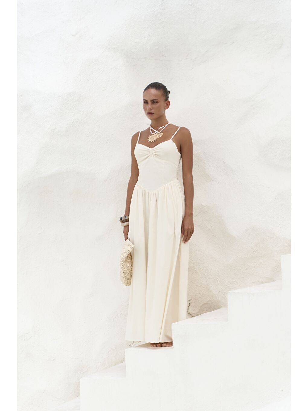 Hajar Askılı Sarı Uzun Elbise-1