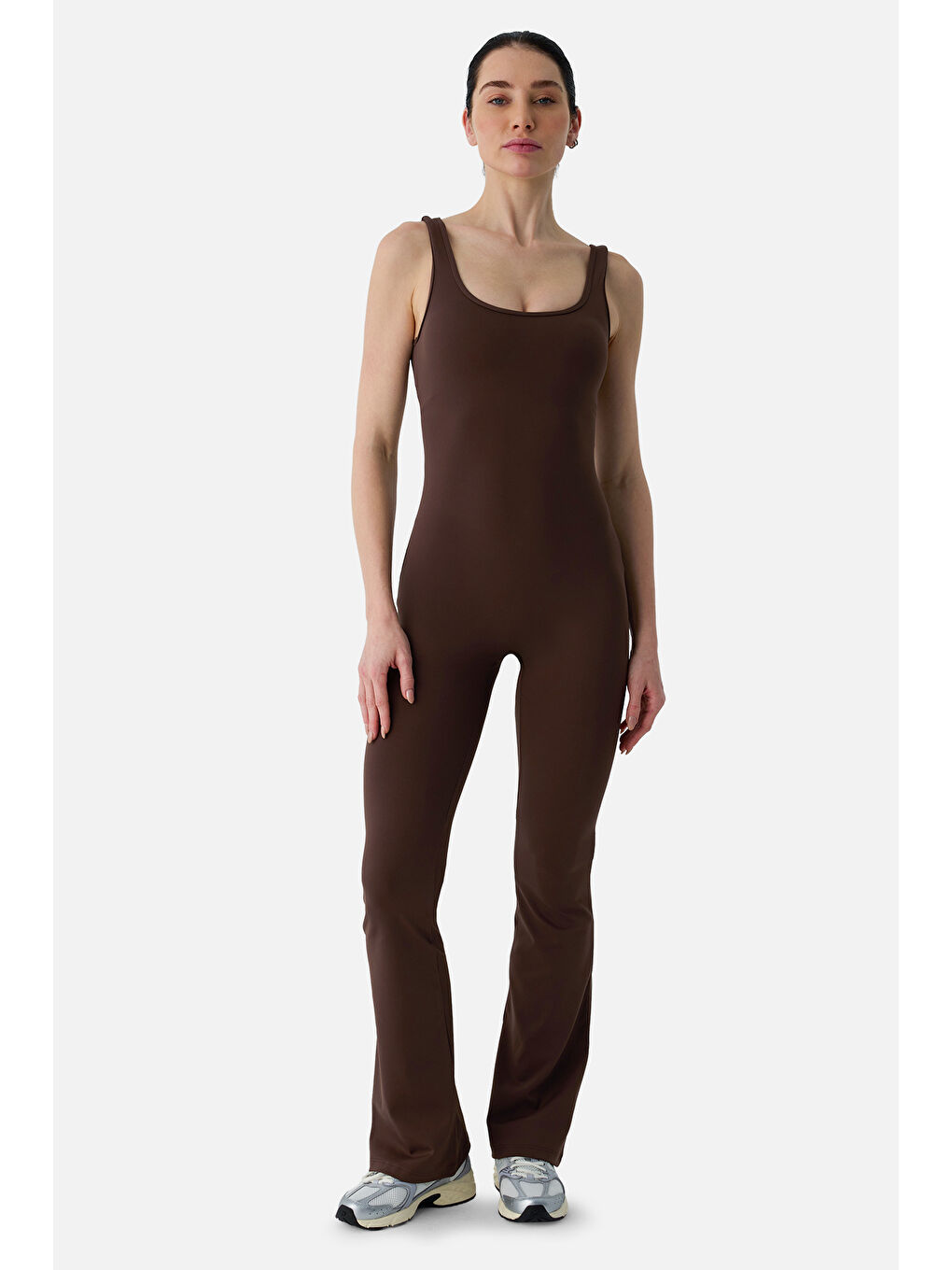 Kahverengi Keira Geniş Paça Büzgü Detaylı Acı Kahve Spor Tulum