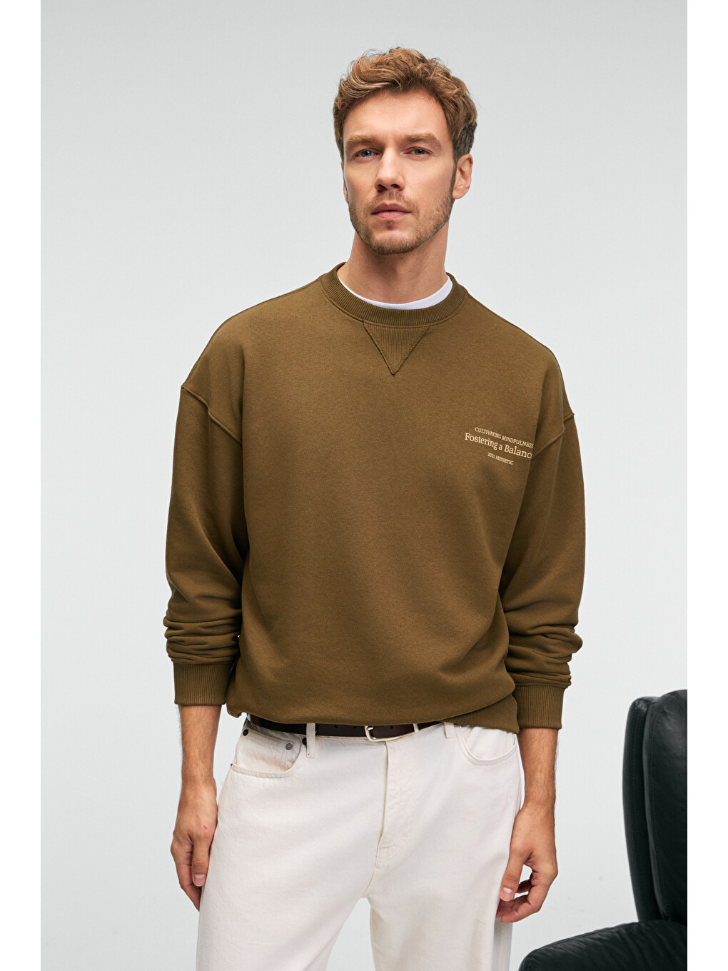 Caspıan Erkek %100 Pamuk Bisiklet Yaka Karyoka Dikişli Baskılı Haki Sweatshirt-3