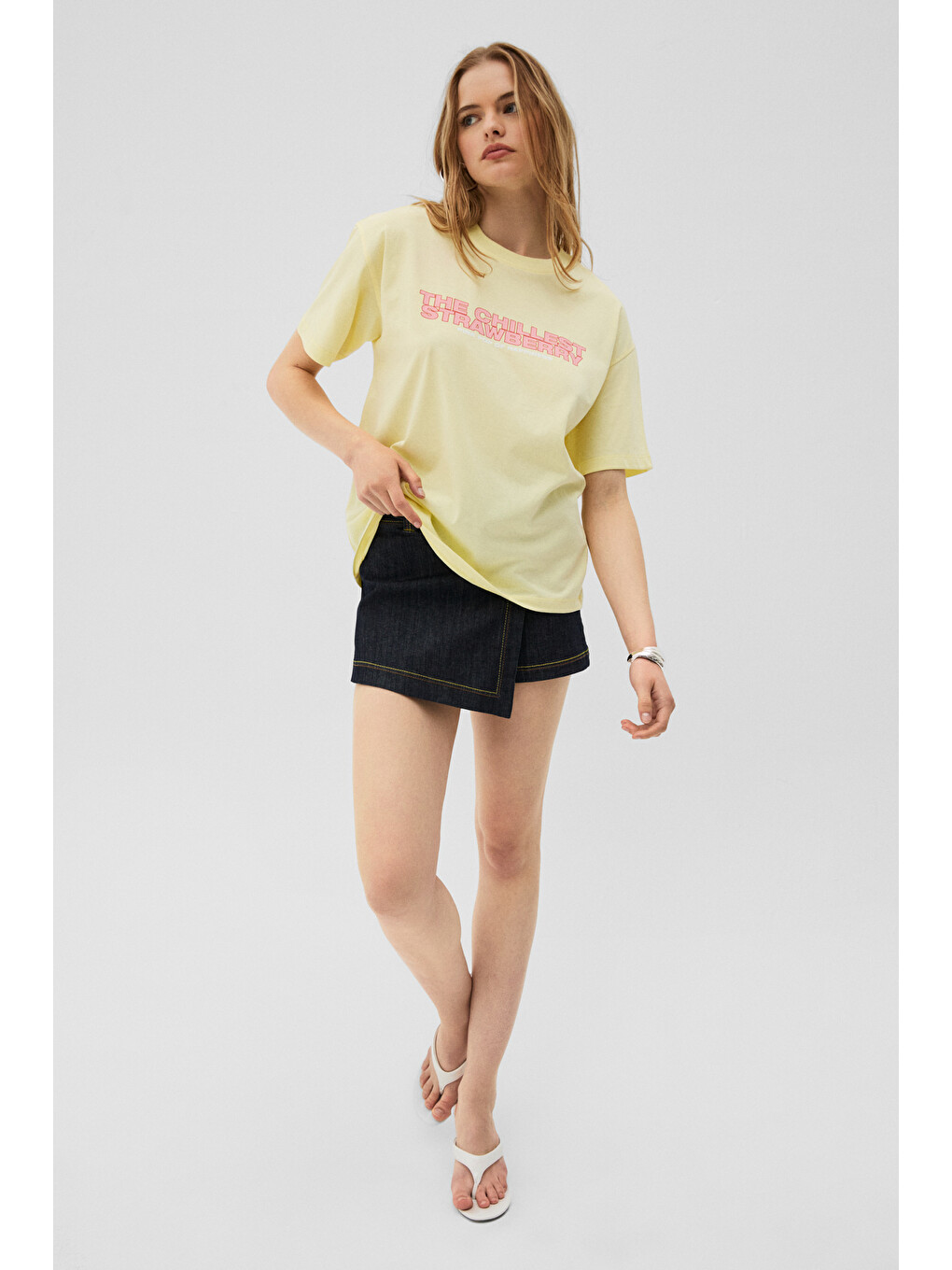 Sarı MOCHI Kadın %100 Organik Pamuklu Yuvarlak Yakalı Baskılı SARI T-Shirt-4