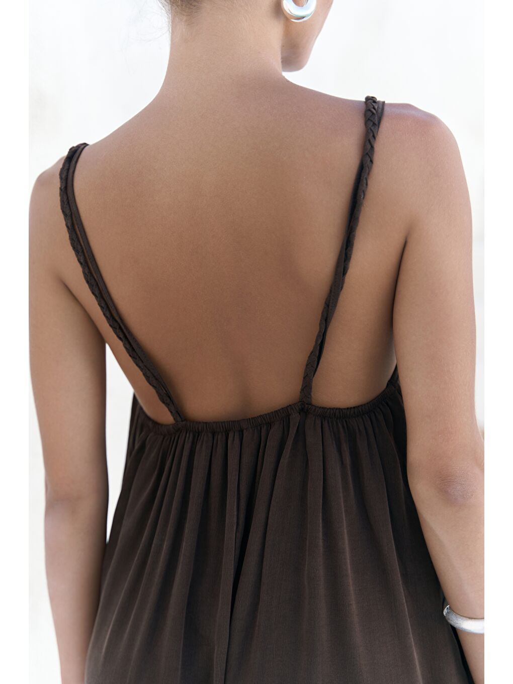 Kahverengi Kasteli Boncuk Detay Kahve Elbise-6