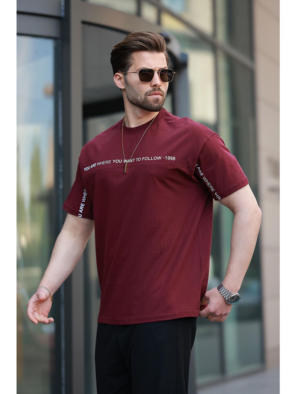 Bordo Bisiklet Yaka Baskılı Basic %100 Pamuk Tişört E7156