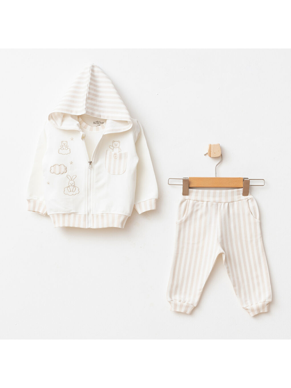 Bej Erkek Bebek Animal Nakışlı Sweatshirt Pantolon T-shirt 3 'lü Alt Üst Bebek Takımı 3Ay-36Ay