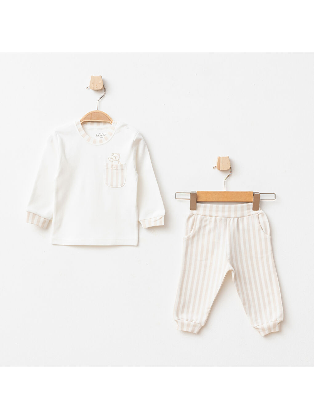 Bej Erkek Bebek Animal Nakışlı Sweatshirt Pantolon T-shirt 3 'lü Alt Üst Bebek Takımı 3Ay-36Ay-1