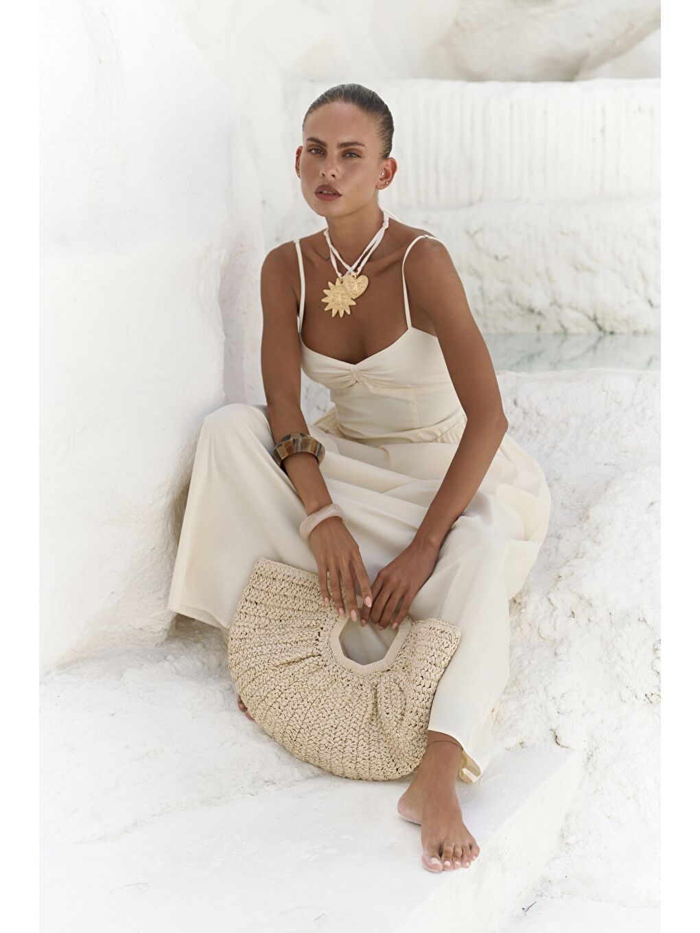 Hajar Askılı Sarı Uzun Elbise-5