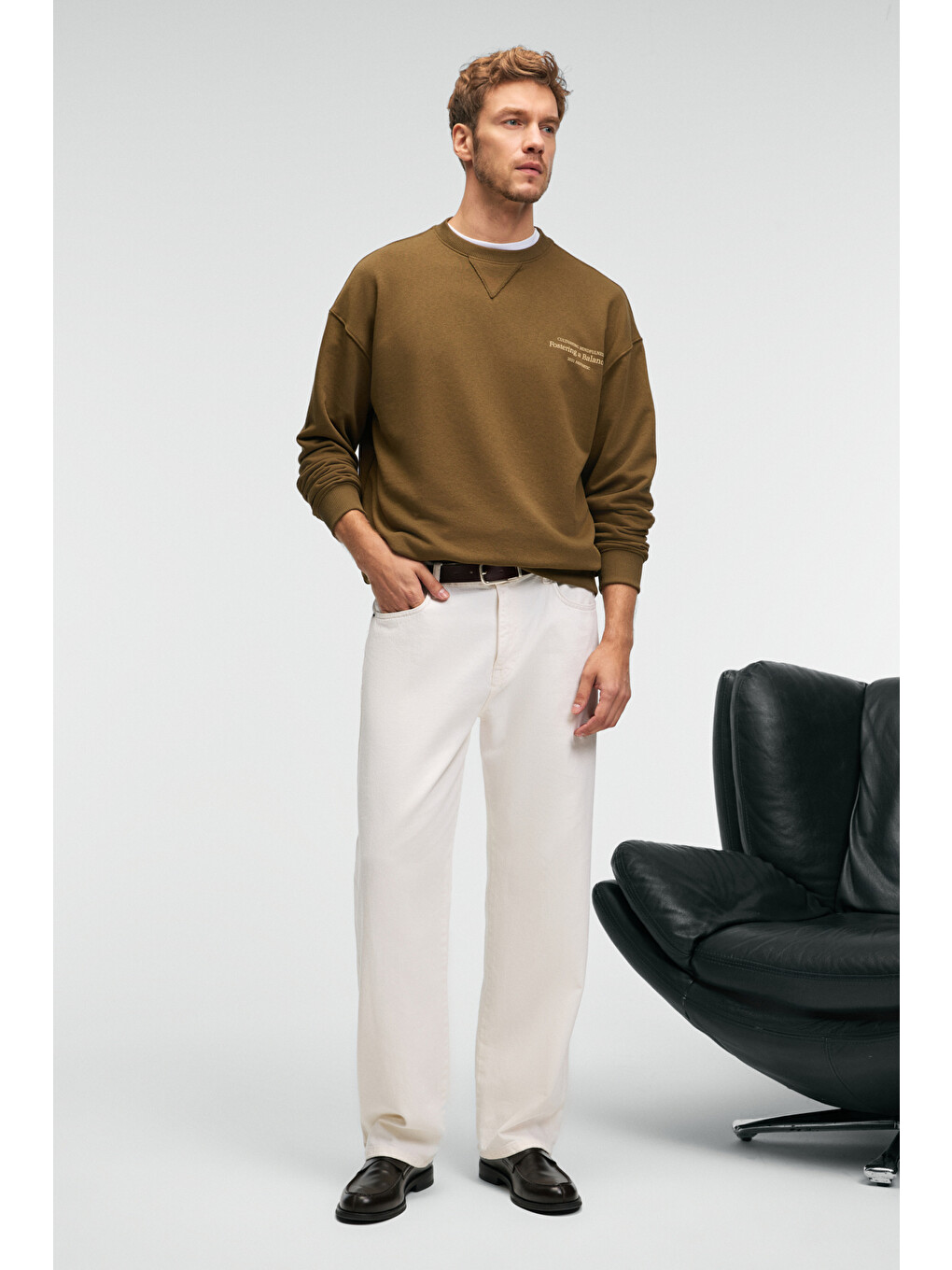 Caspıan Erkek %100 Pamuk Bisiklet Yaka Karyoka Dikişli Baskılı Haki Sweatshirt-4