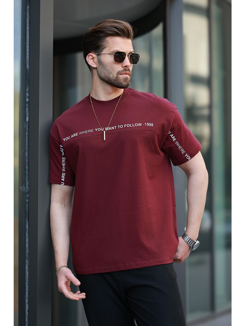 Bordo Bisiklet Yaka Baskılı Basic %100 Pamuk Tişört E7156-1