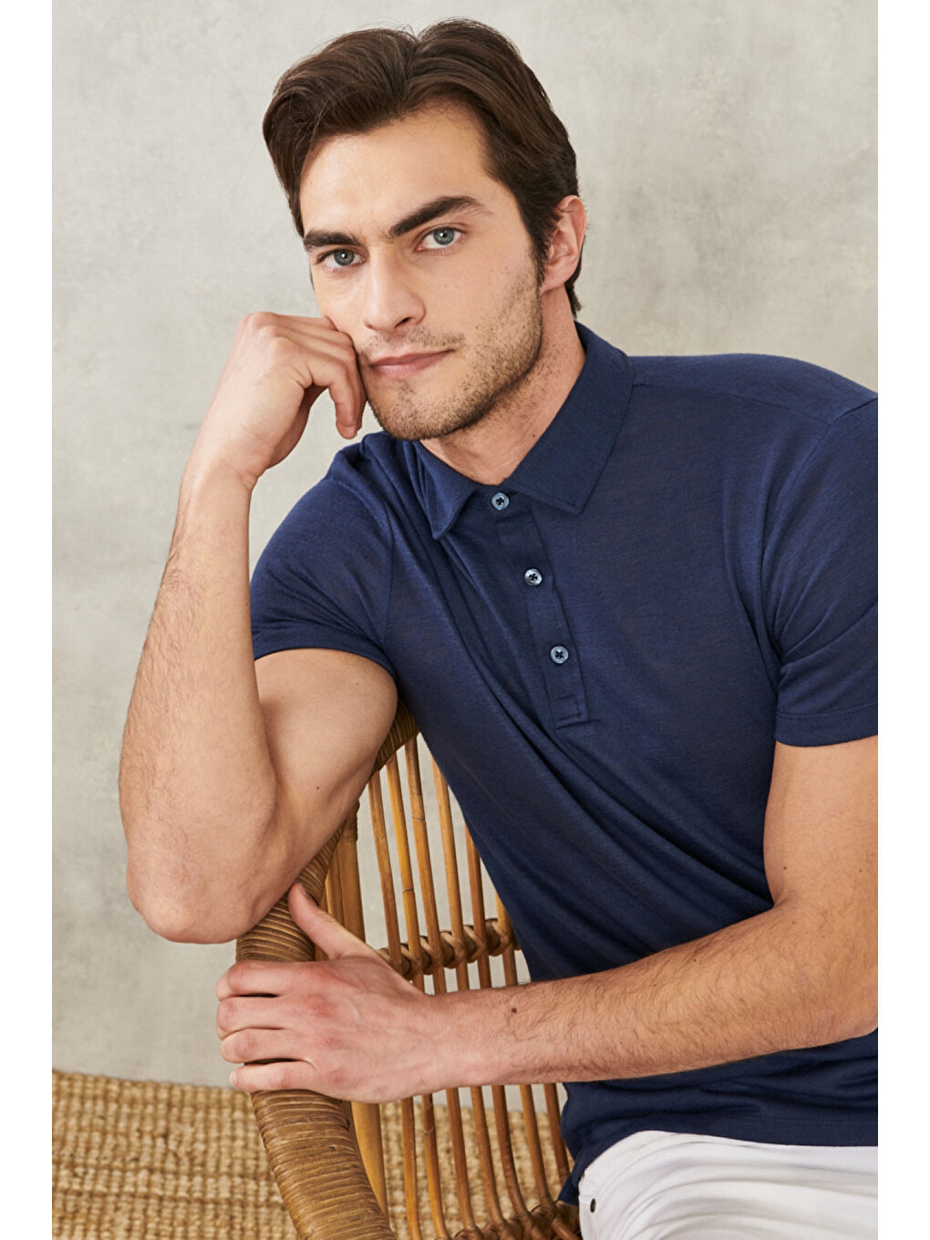 Erkek Lacivert Slim Fit Dar Kesim Polo Yaka Düz Casual Tişört-2