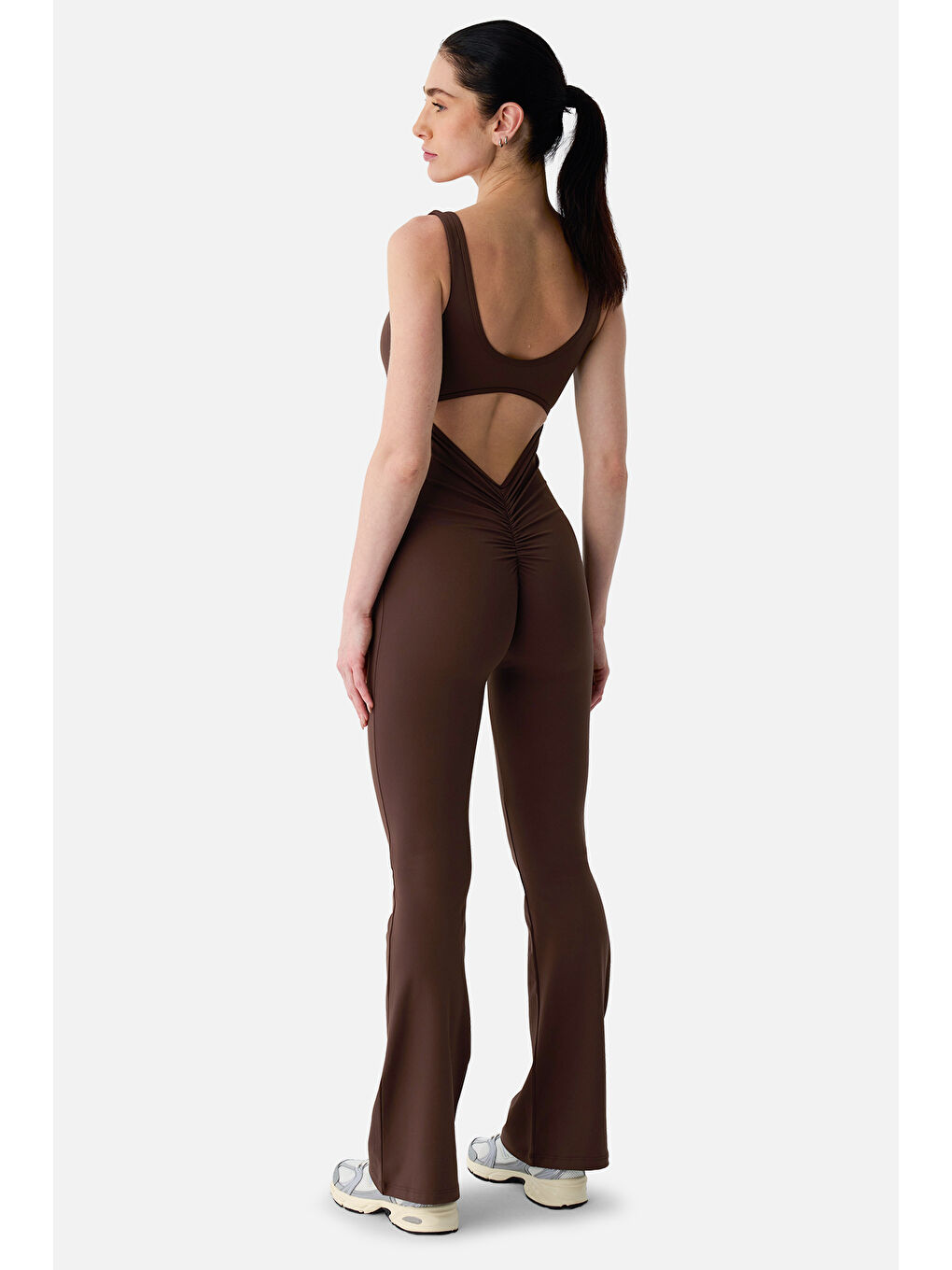 Kahverengi Keira Geniş Paça Büzgü Detaylı Acı Kahve Spor Tulum-1