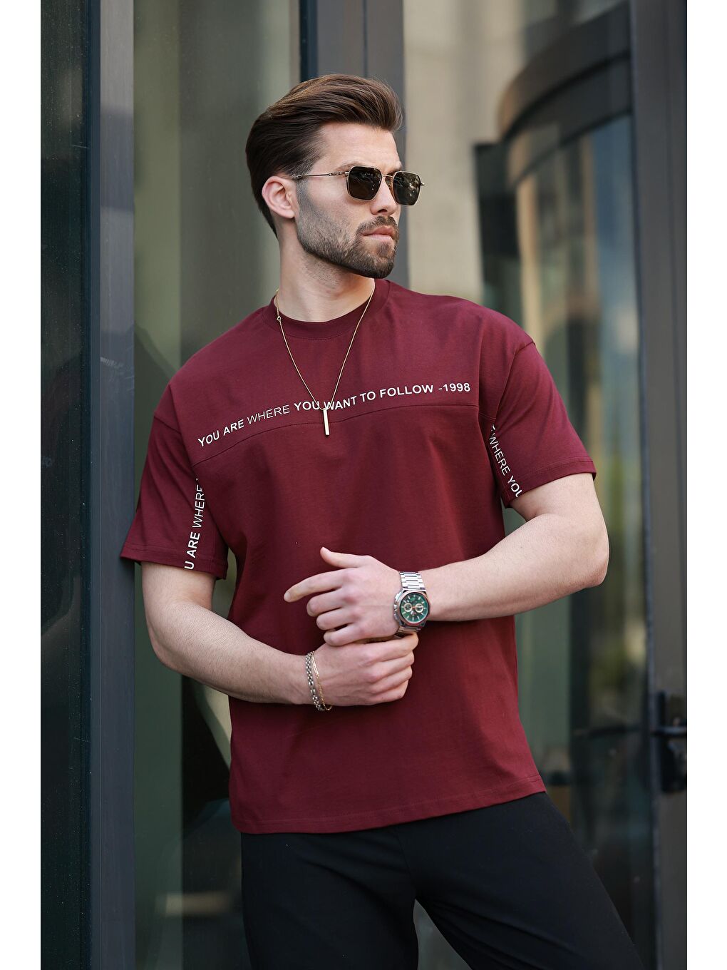 Bordo Bisiklet Yaka Baskılı Basic %100 Pamuk Tişört E7156-2