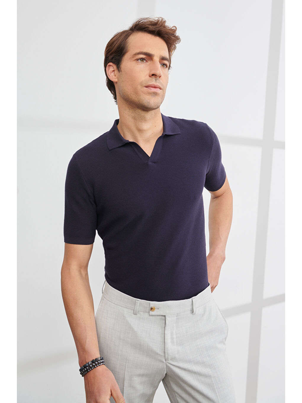 Erkek Lacivert Standart Fit Normal Kesim Polo Yaka Kısa Kollu Triko-1