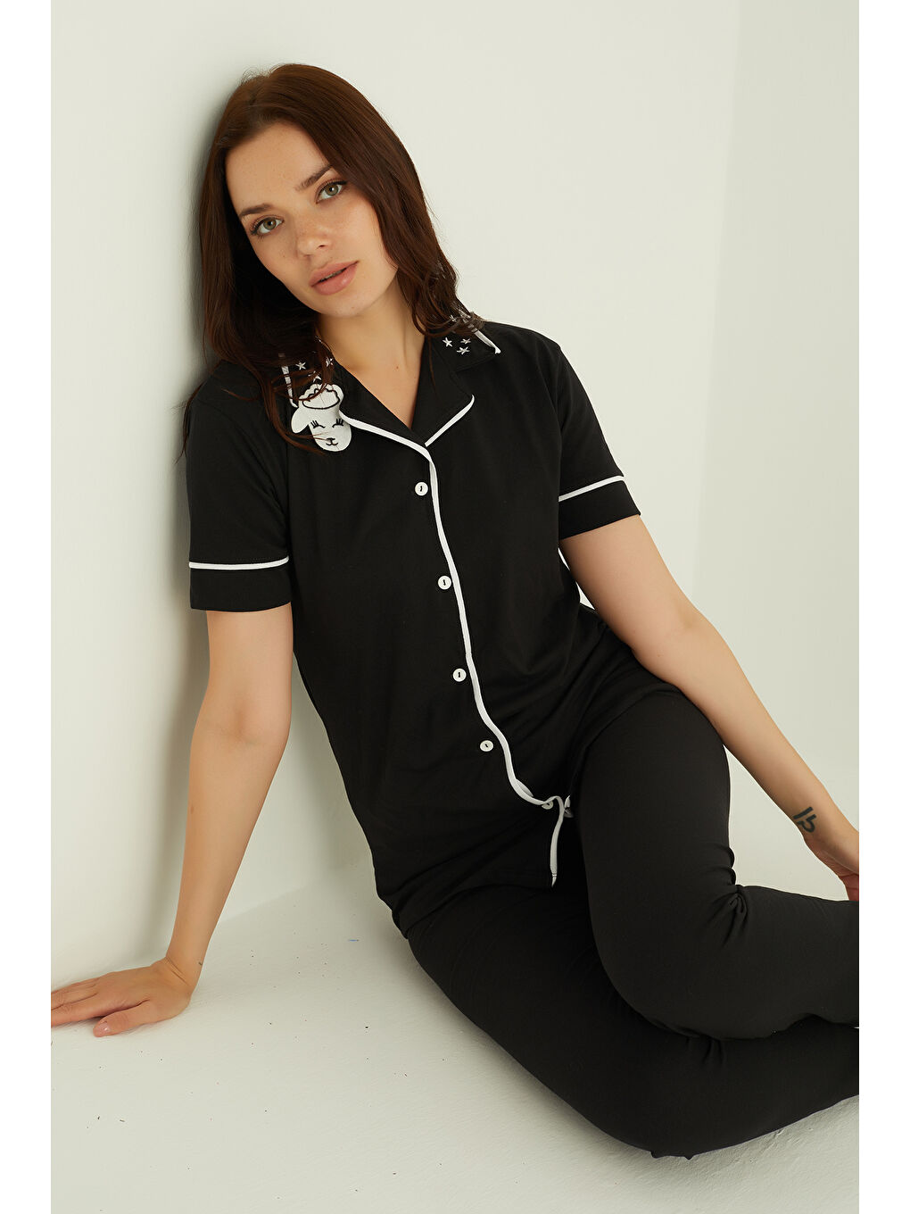 Siyah Pamuklu Düğmeli Pijama Takım 451-33 Kısakol