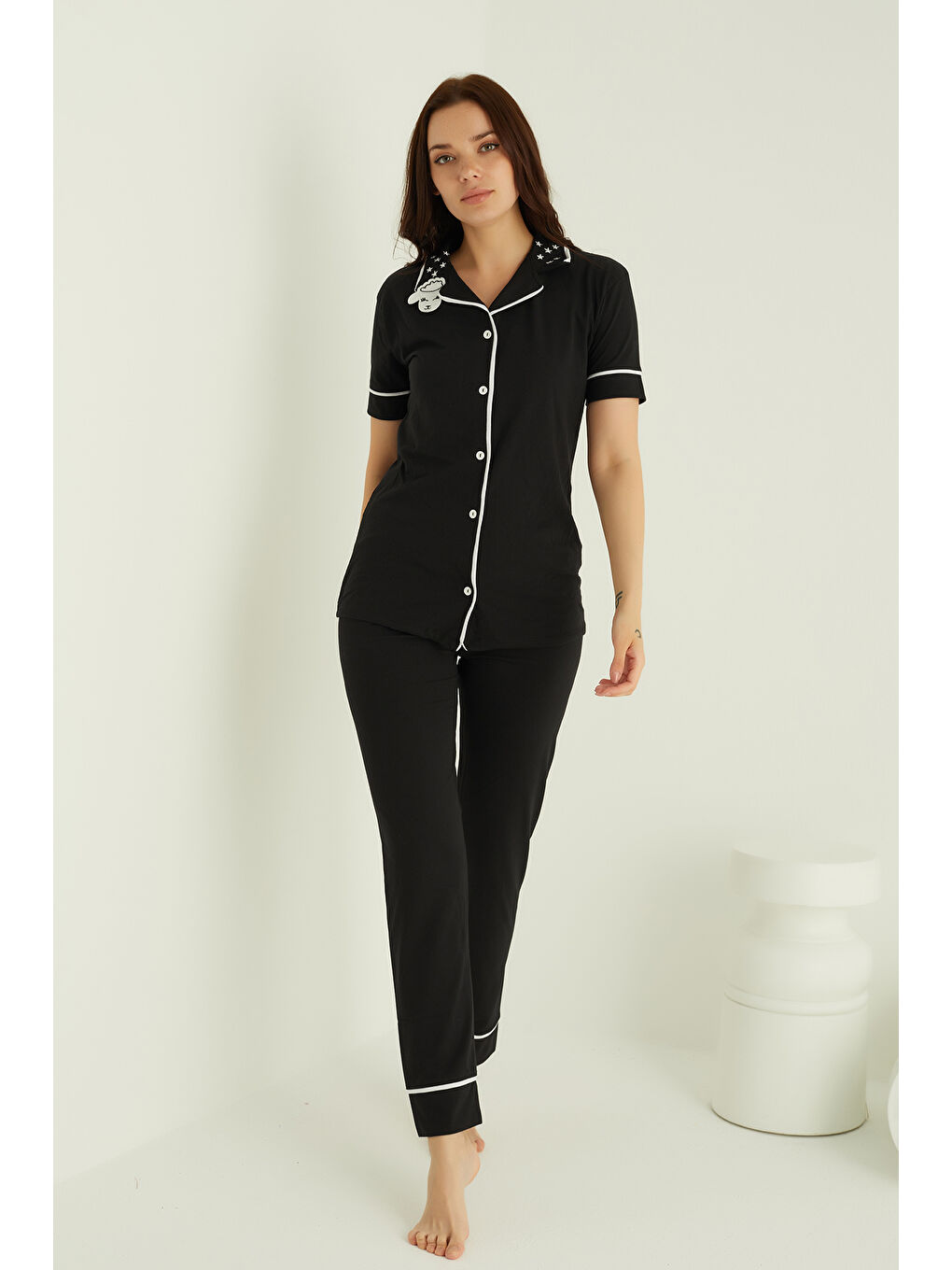 Siyah Pamuklu Düğmeli Pijama Takım 451-33 Kısakol-1