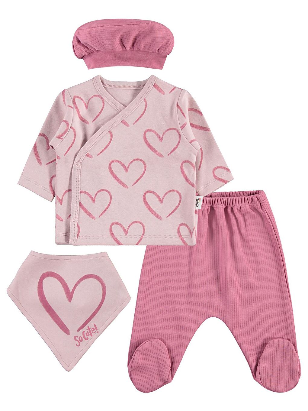 Baby Tramlı Kalp Empirme Zıbın Takımları - Pembe