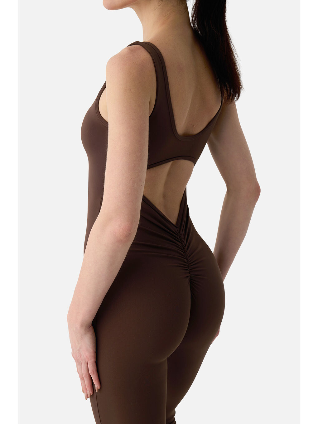 Kahverengi Keira Geniş Paça Büzgü Detaylı Acı Kahve Spor Tulum-3