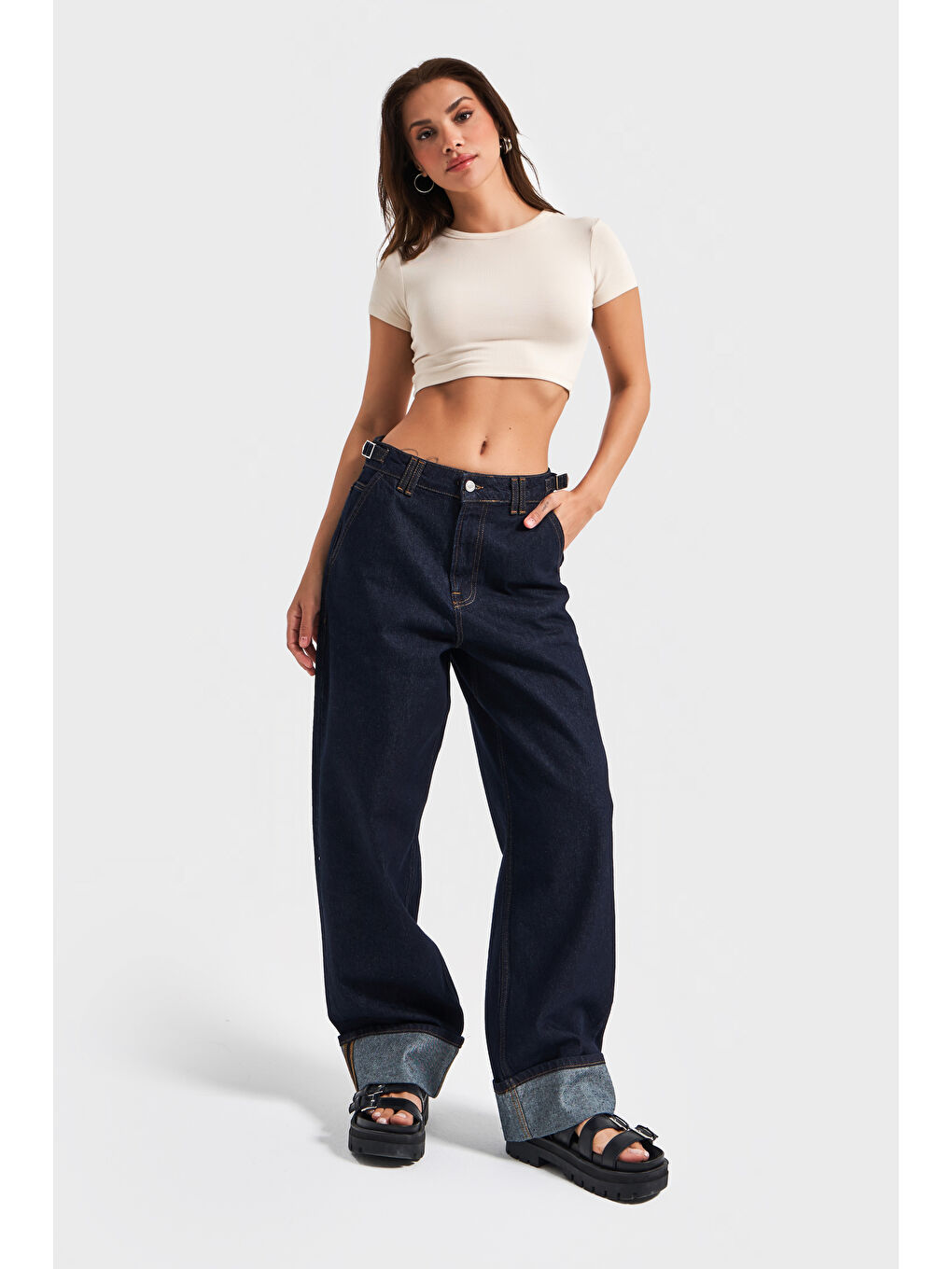 Kadın İndigo Renk 7s5-50 Baggy Loose Fit Bol Kesim Paça Detaylı %100 Pamuk Denim Jean