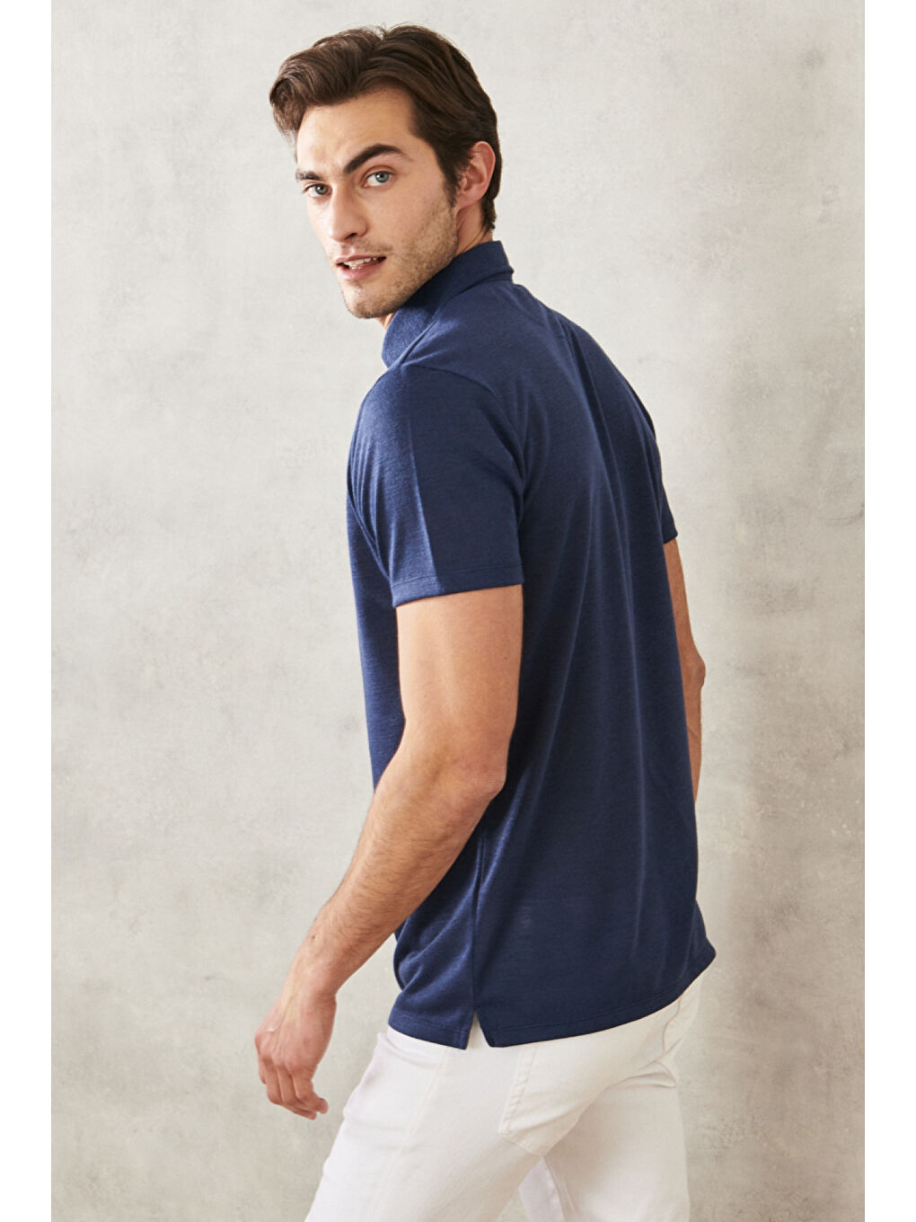 Erkek Lacivert Slim Fit Dar Kesim Polo Yaka Düz Casual Tişört-3