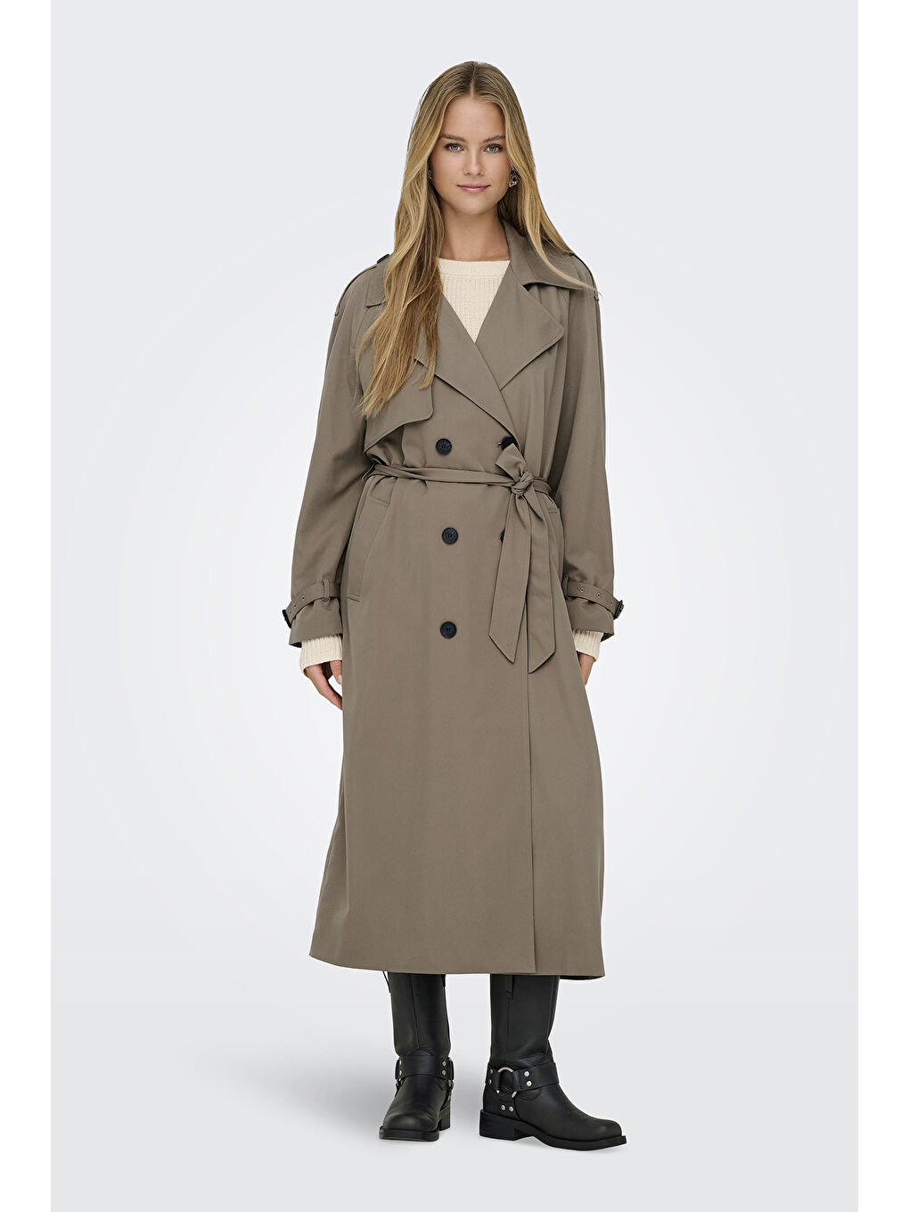 Bej Onlchloe Straight Fit Kruvaze Yaka Midi Boy Kemerli Kadın Trençkot 15242306