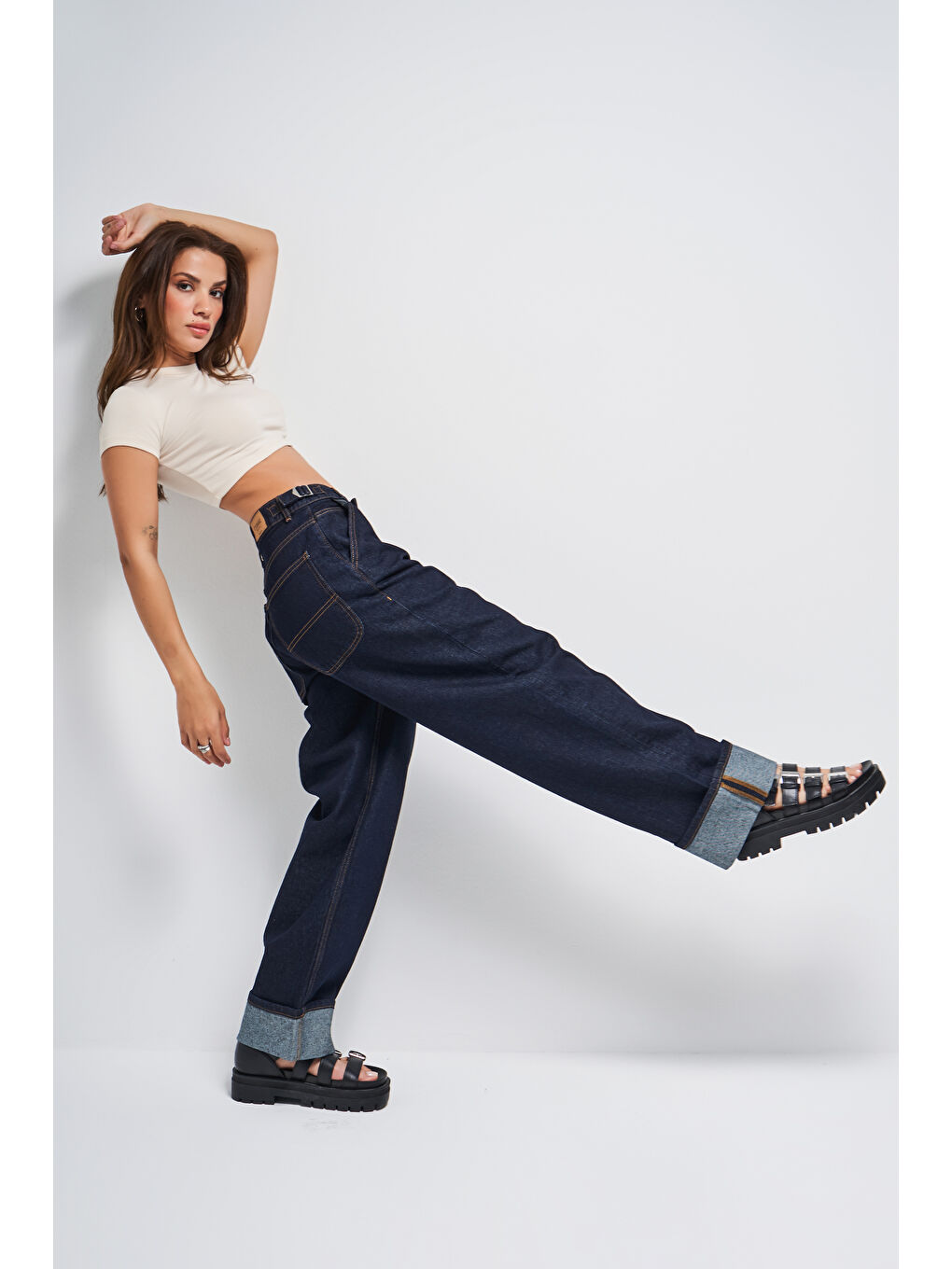 Kadın İndigo Renk 7s5-50 Baggy Loose Fit Bol Kesim Paça Detaylı %100 Pamuk Denim Jean-3