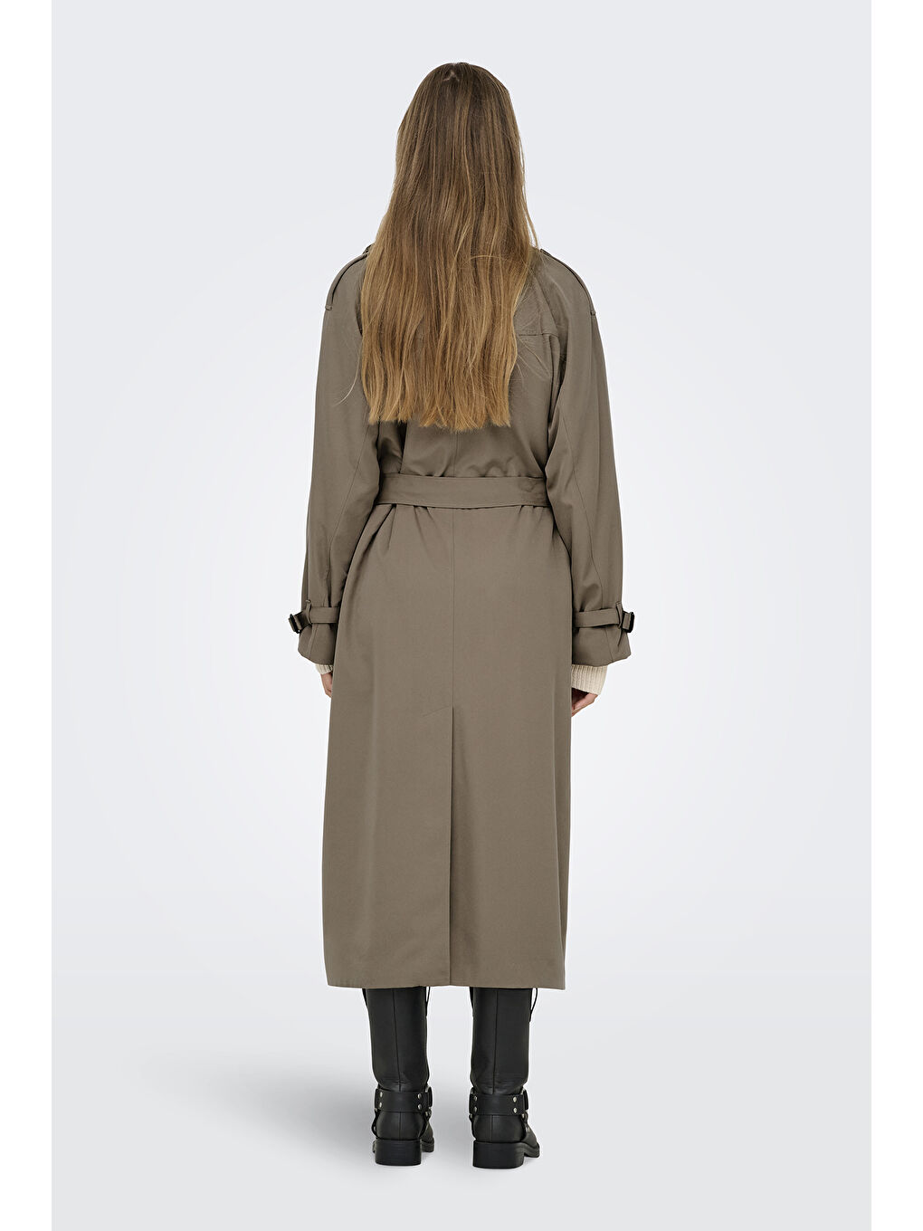 Bej Onlchloe Straight Fit Kruvaze Yaka Midi Boy Kemerli Kadın Trençkot 15242306-2